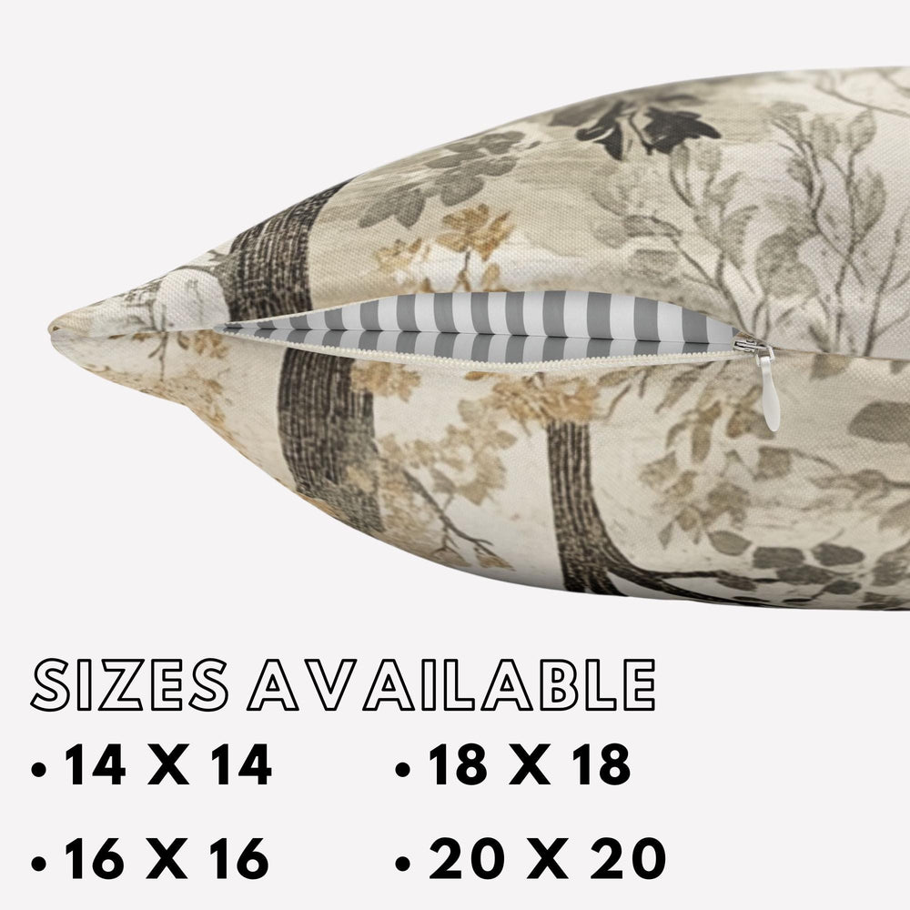 Woodland Forest Trees Pillow, Neutral Nature-Inspired Throw Pillow, Beige Grey Accent Cushion, Botanical Pillowcase, Cozy Rustic Home Decor