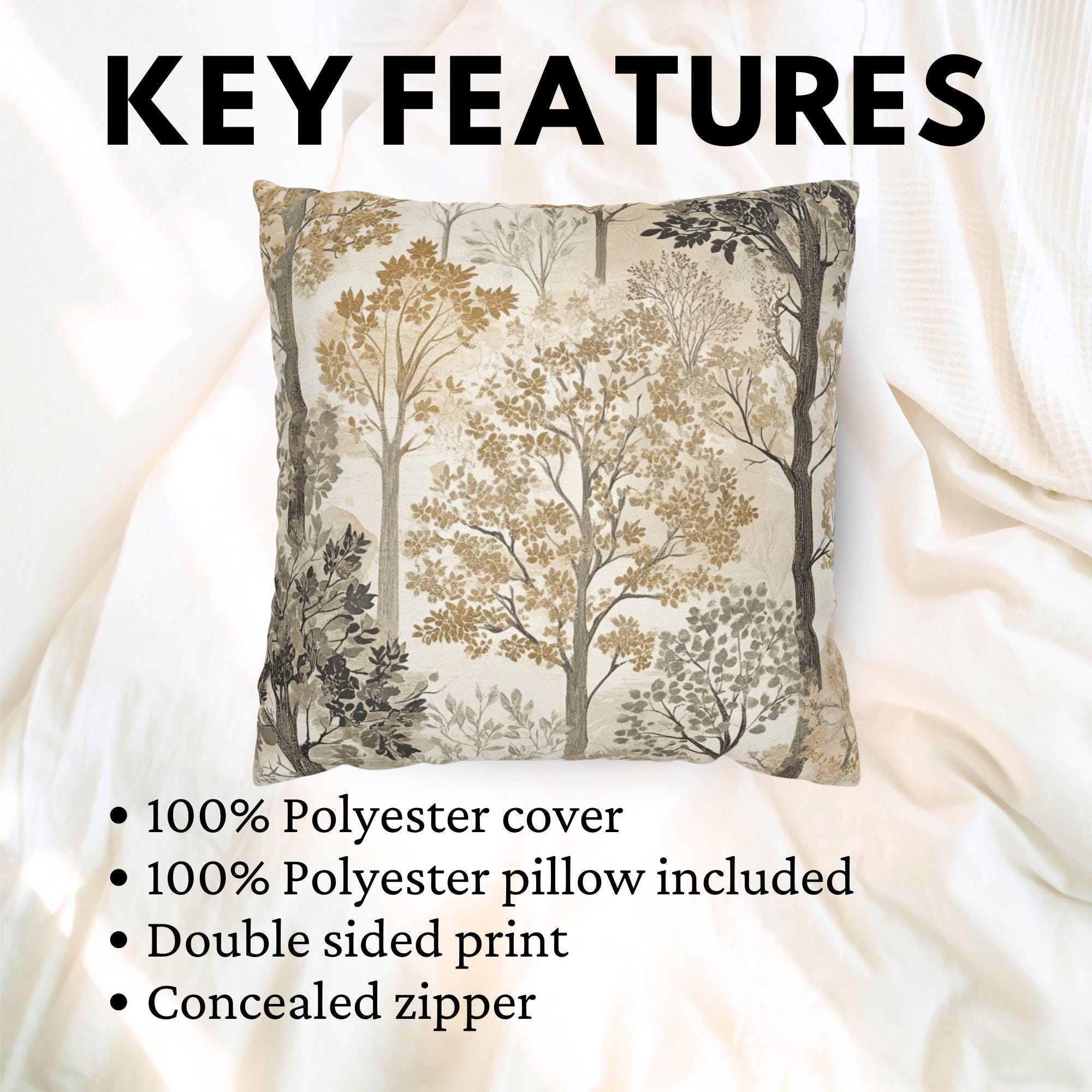 Woodland Forest Trees Pillow, Neutral Nature-Inspired Throw Pillow, Beige Grey Accent Cushion, Botanical Pillowcase, Cozy Rustic Home Decor