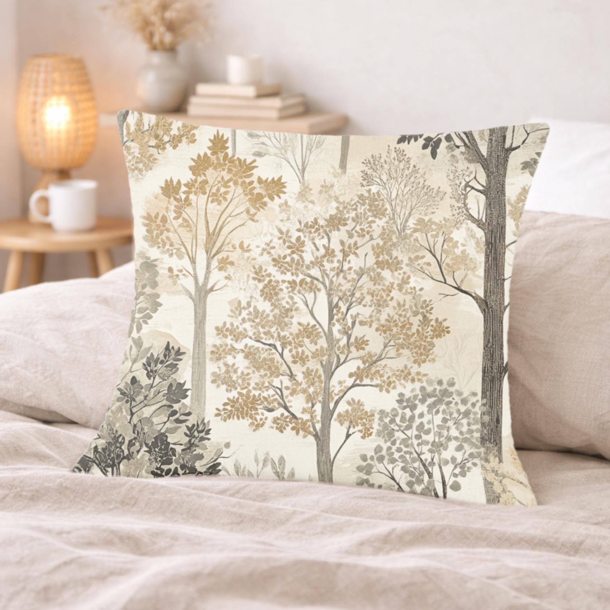 Woodland Forest Trees Pillow, Neutral Nature-Inspired Throw Pillow, Beige Grey Accent Cushion, Botanical Pillowcase, Cozy Rustic Home Decor