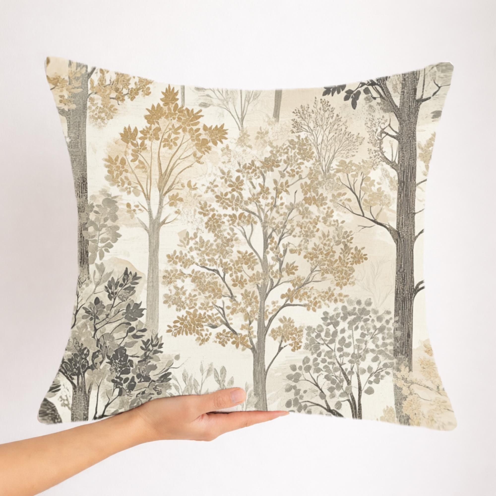 Woodland Forest Trees Pillow, Neutral Nature-Inspired Throw Pillow, Beige Grey Accent Cushion, Botanical Pillowcase, Cozy Rustic Home Decor