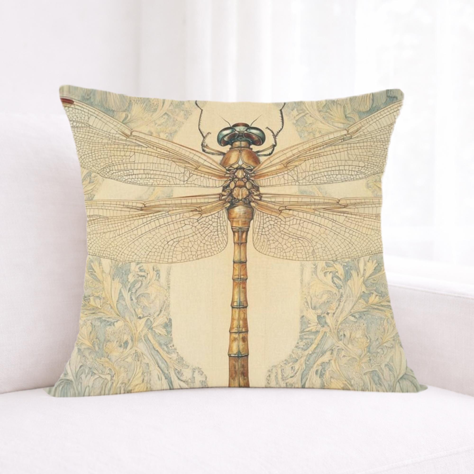 Vintage Dragonfly Pillow, William Morris Style Insect Art Cushion, Botanical Illustration Throw Pillow, Nature-Inspired Pillowcase Decor
