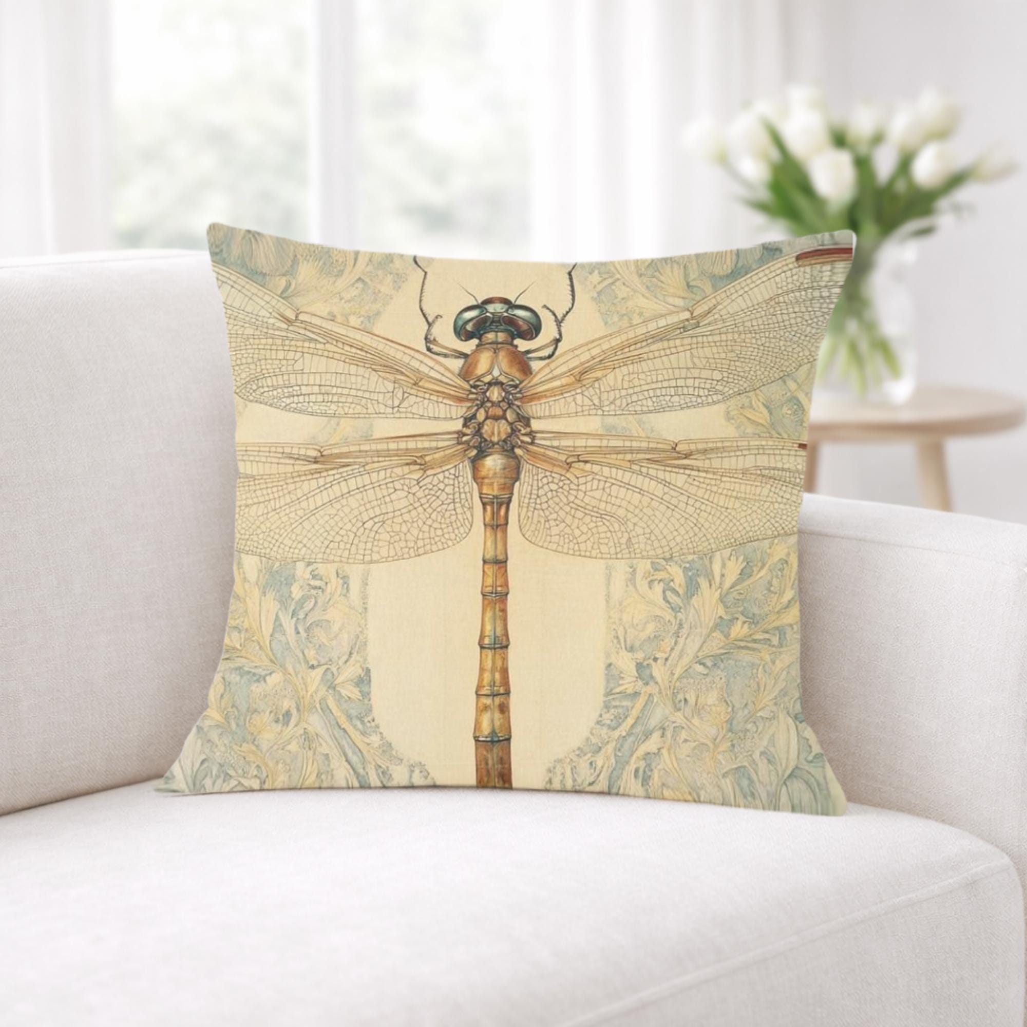 Vintage Dragonfly Pillow, William Morris Style Insect Art Cushion, Botanical Illustration Throw Pillow, Nature-Inspired Pillowcase Decor