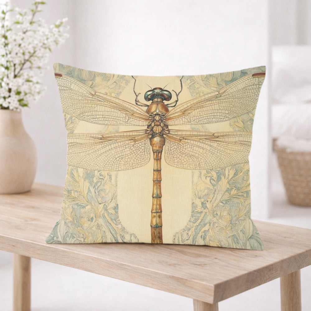 Vintage Dragonfly Pillow, William Morris Style Insect Art Cushion, Botanical Illustration Throw Pillow, Nature-Inspired Pillowcase Decor