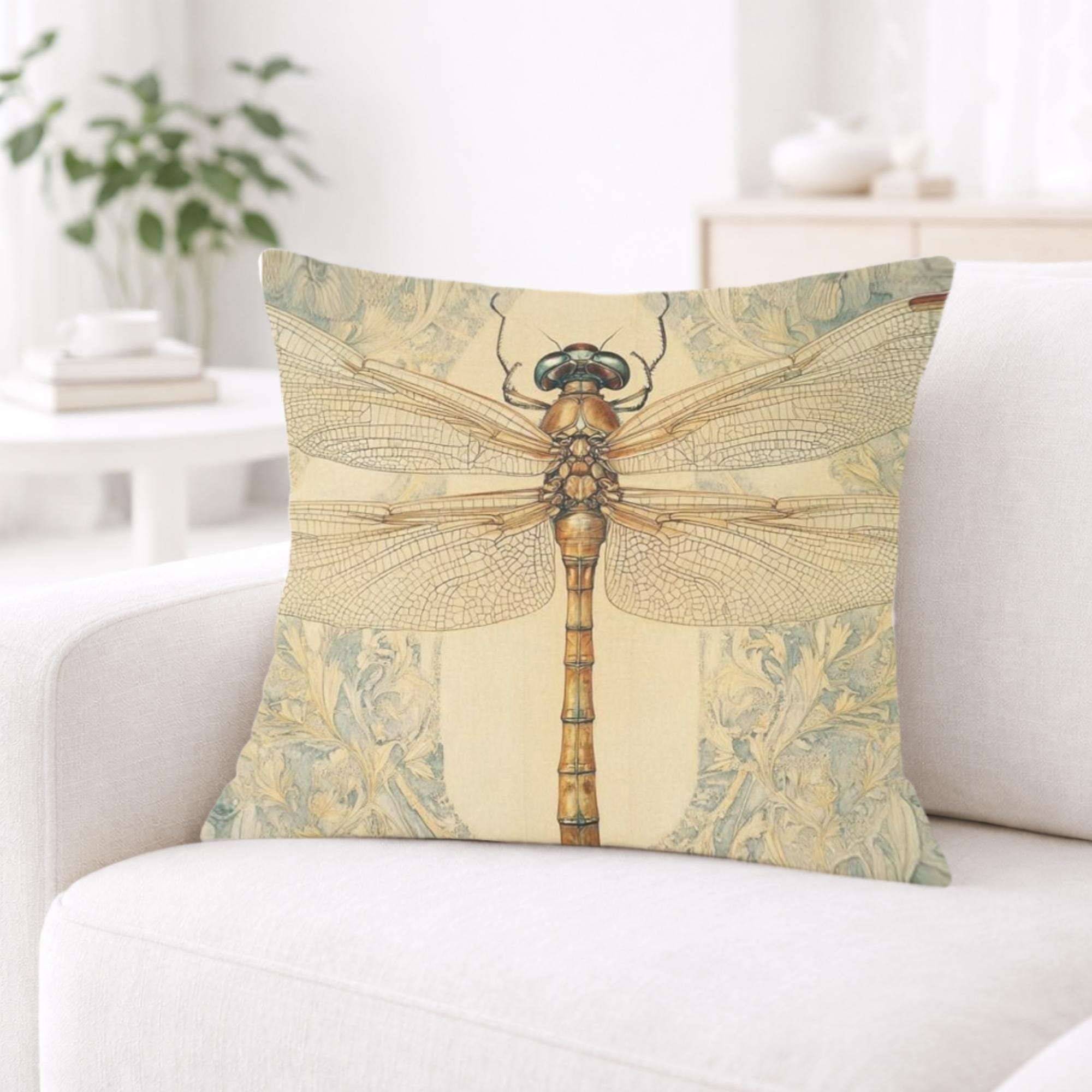 Vintage Dragonfly Pillow, William Morris Style Insect Art Cushion, Botanical Illustration Throw Pillow, Nature-Inspired Pillowcase Decor
