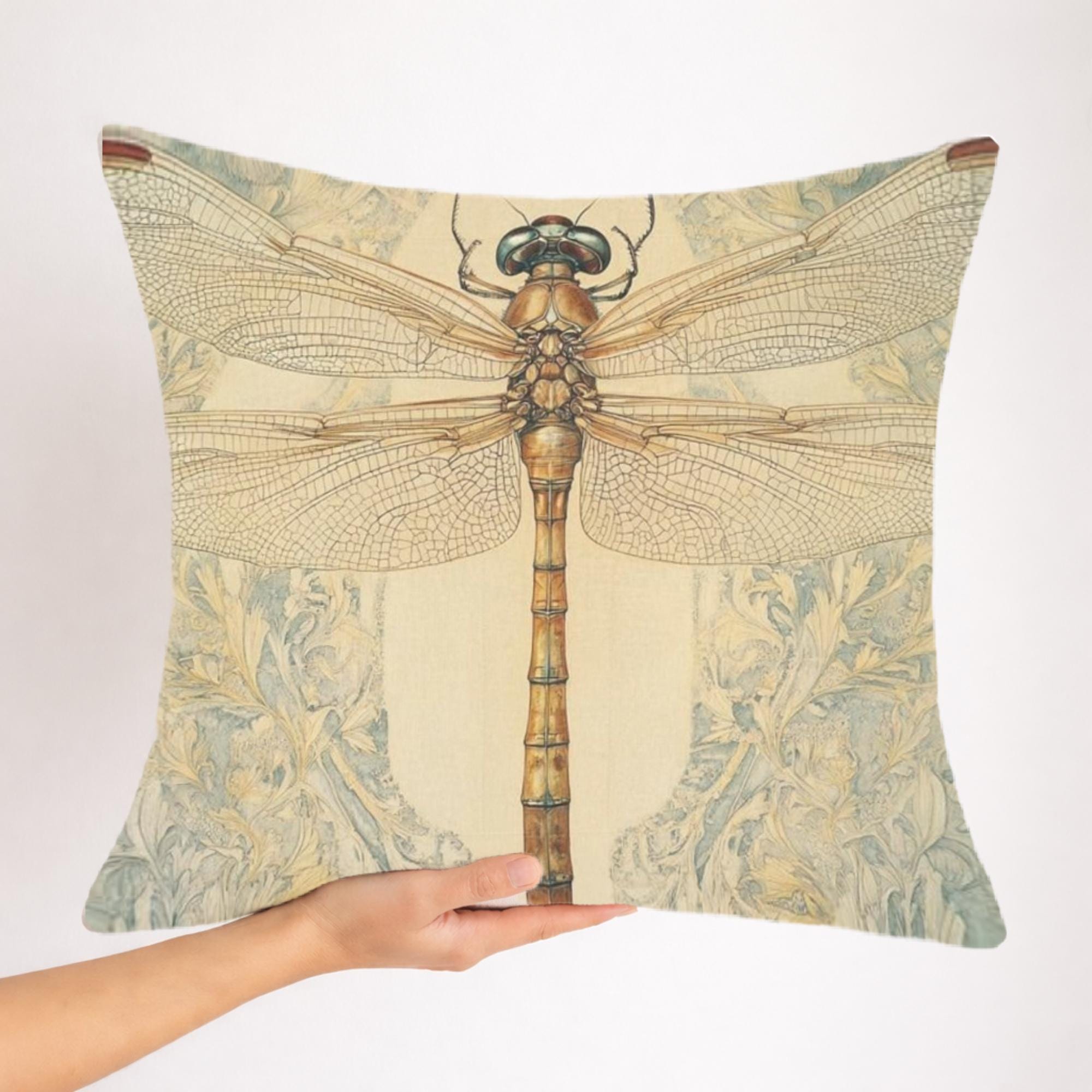 Vintage Dragonfly Pillow, William Morris Style Insect Art Cushion, Botanical Illustration Throw Pillow, Nature-Inspired Pillowcase Decor