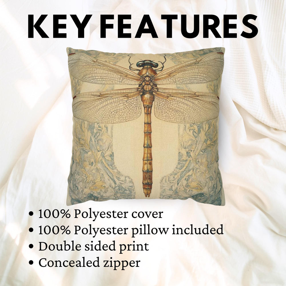 Vintage Dragonfly Pillow, William Morris Style Insect Art Cushion, Botanical Illustration Throw Pillow, Nature-Inspired Pillowcase Decor