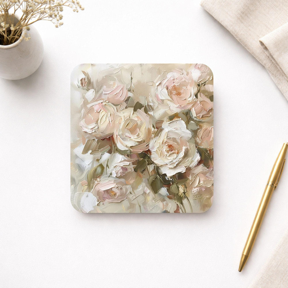Blush Floral Coaster Set of 4, Neutral Rose Table Decor, Elegant Botanical Drink Coasters, Cottage Chic Style