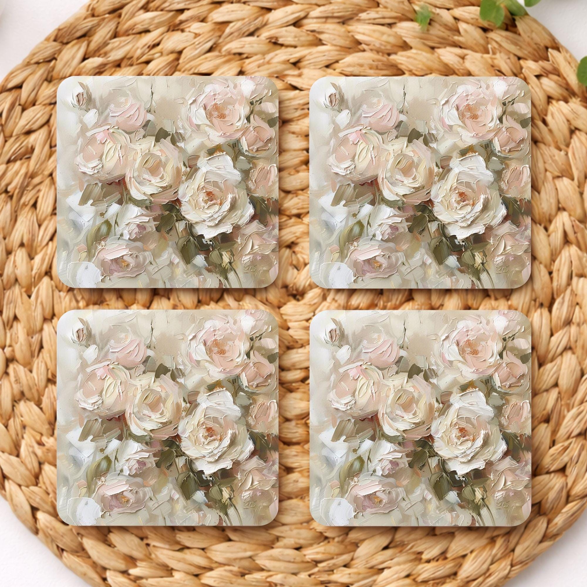 Blush Floral Coaster Set of 4, Neutral Rose Table Decor, Elegant Botanical Drink Coasters, Cottage Chic Style