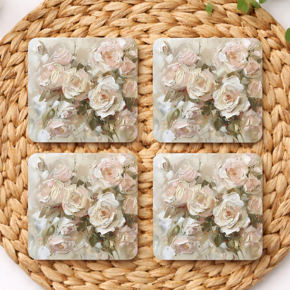 Blush Floral Coaster Set of 4, Neutral Rose Table Decor, Elegant Botanical Drink Coasters, Cottage Chic Style