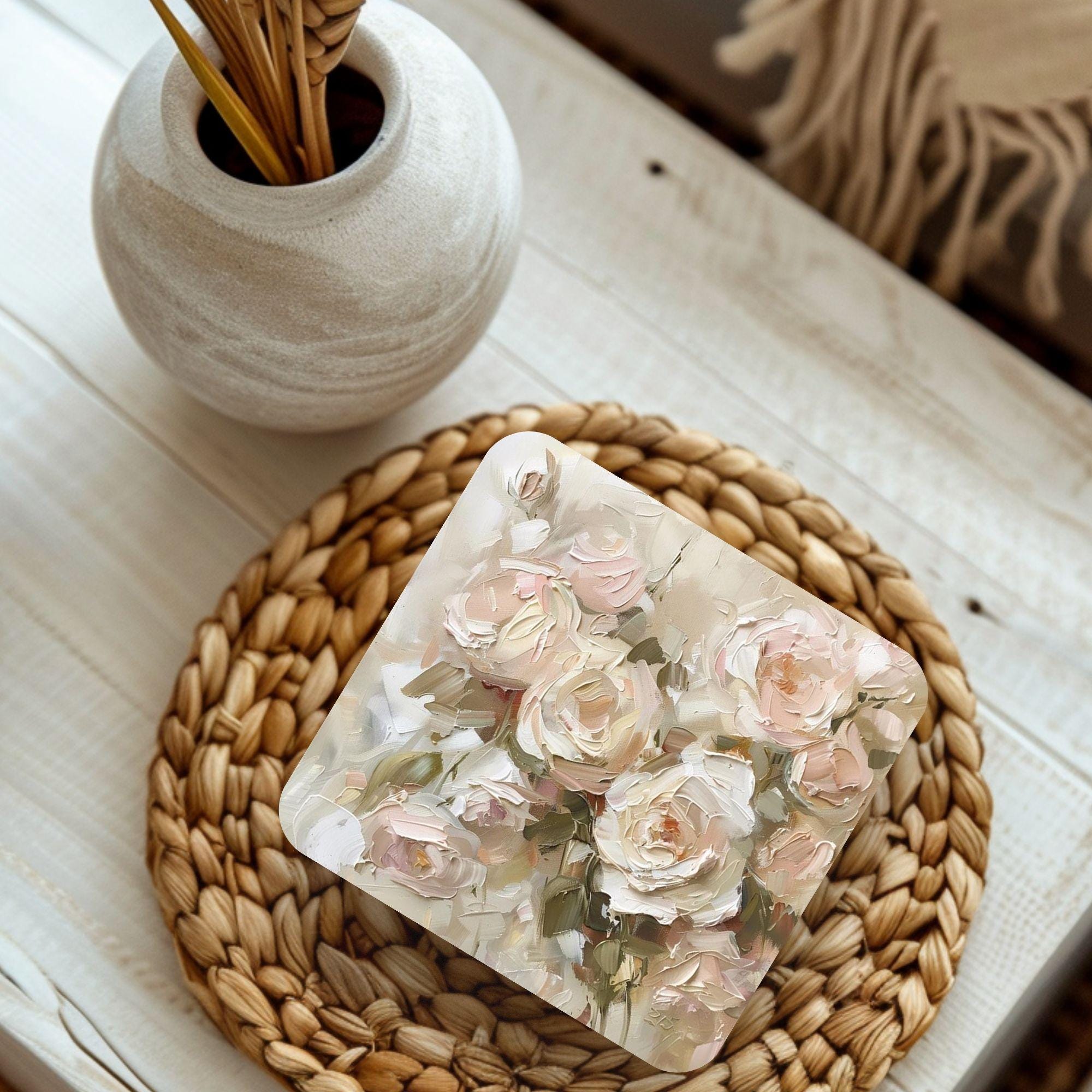 Blush Floral Coaster Set of 4, Neutral Rose Table Decor, Elegant Botanical Drink Coasters, Cottage Chic Style