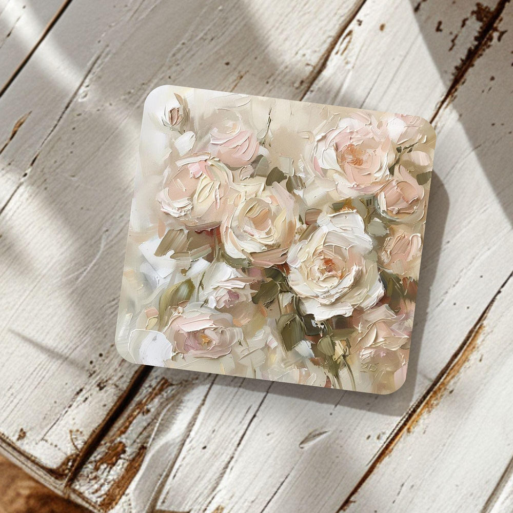 Blush Floral Coaster Set of 4, Neutral Rose Table Decor, Elegant Botanical Drink Coasters, Cottage Chic Style