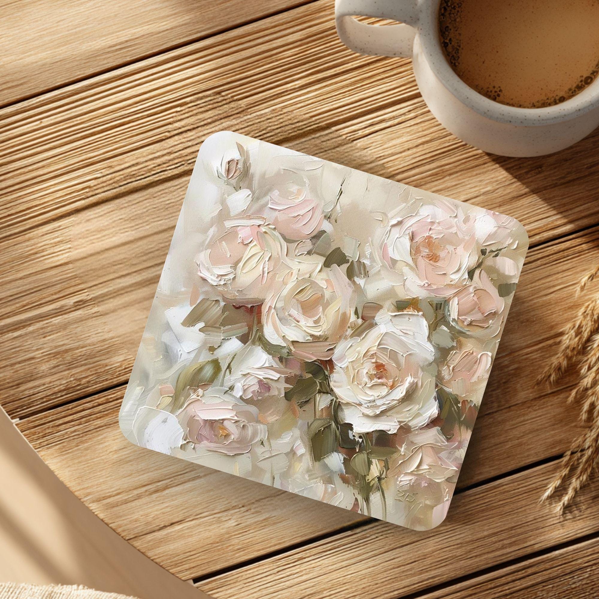 Blush Floral Coaster Set of 4, Neutral Rose Table Decor, Elegant Botanical Drink Coasters, Cottage Chic Style