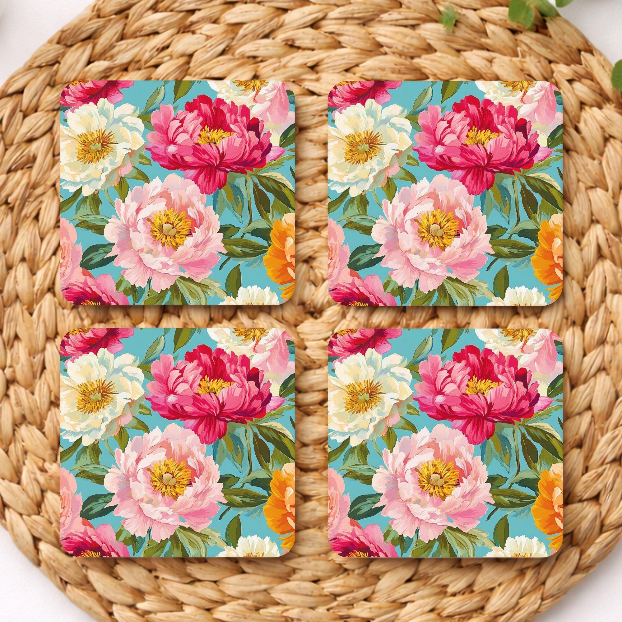 Floral Coaster Set of 4, Colorful Peony Table Decor, Vibrant Botanical Drink Coasters, Statement Home Accent