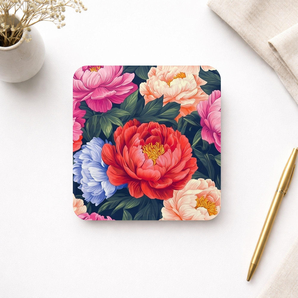 Dark Floral Coaster Set of 4, Dark Botanical Table Decor, Dramatic Peony Drink Coasters, Elegant Home Accent