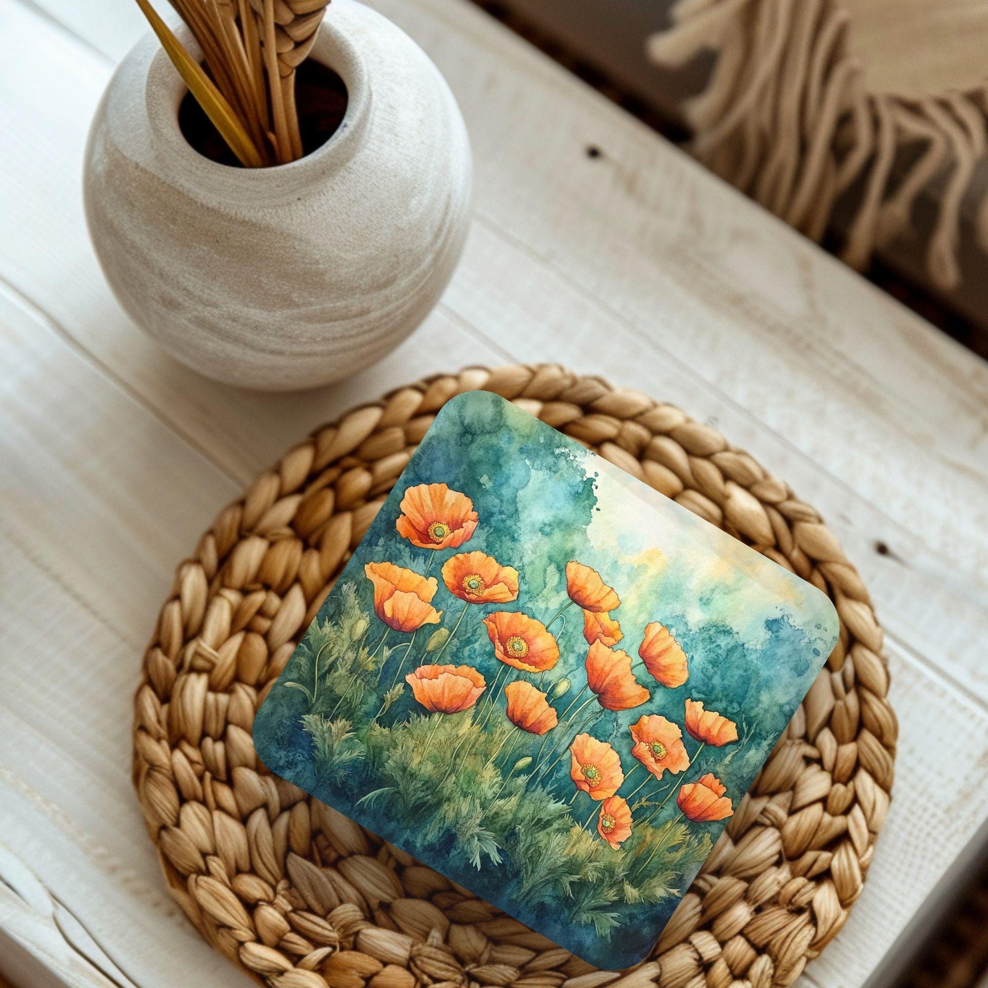Poppy Botanical Coaster Set of 4, Teal Floral Table Decor, Cottage Garden Drink Coasters, Nature Inspired Home Accent