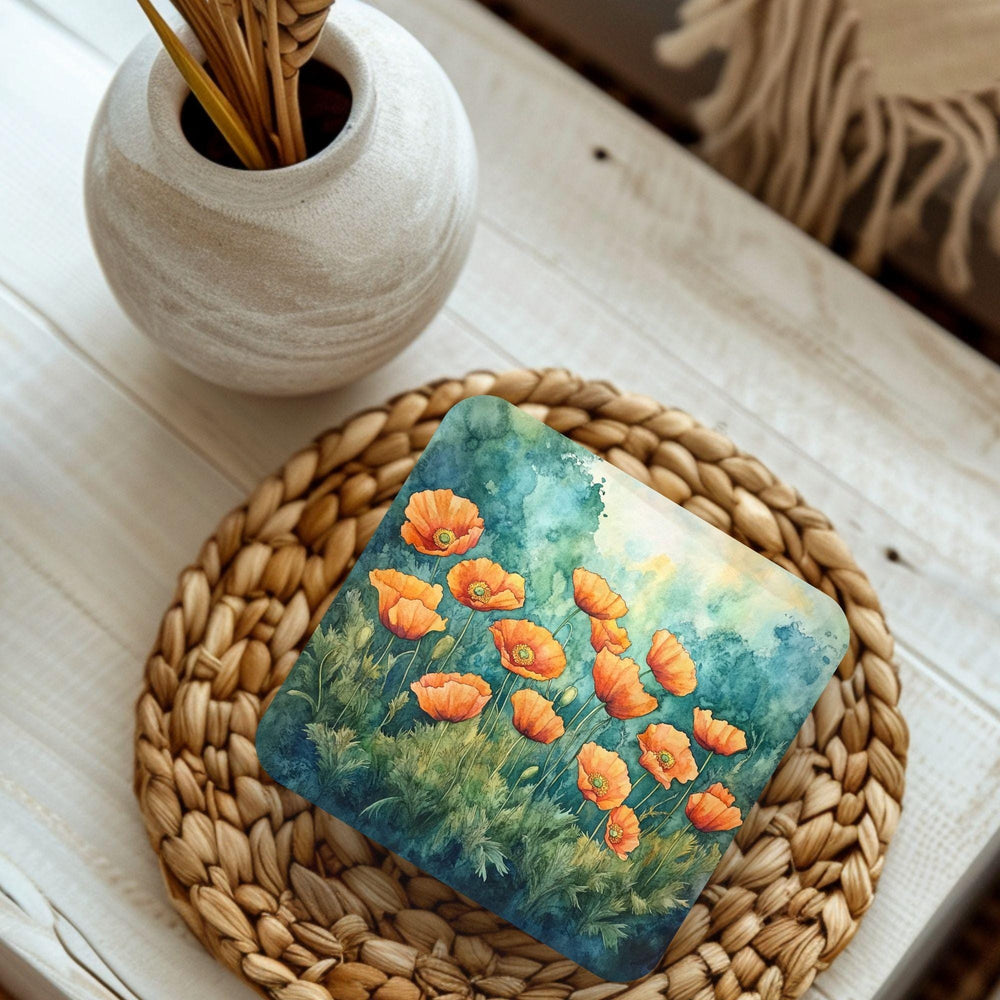 Poppy Botanical Coaster Set of 4, Teal Floral Table Decor, Cottage Garden Drink Coasters, Nature Inspired Home Accent
