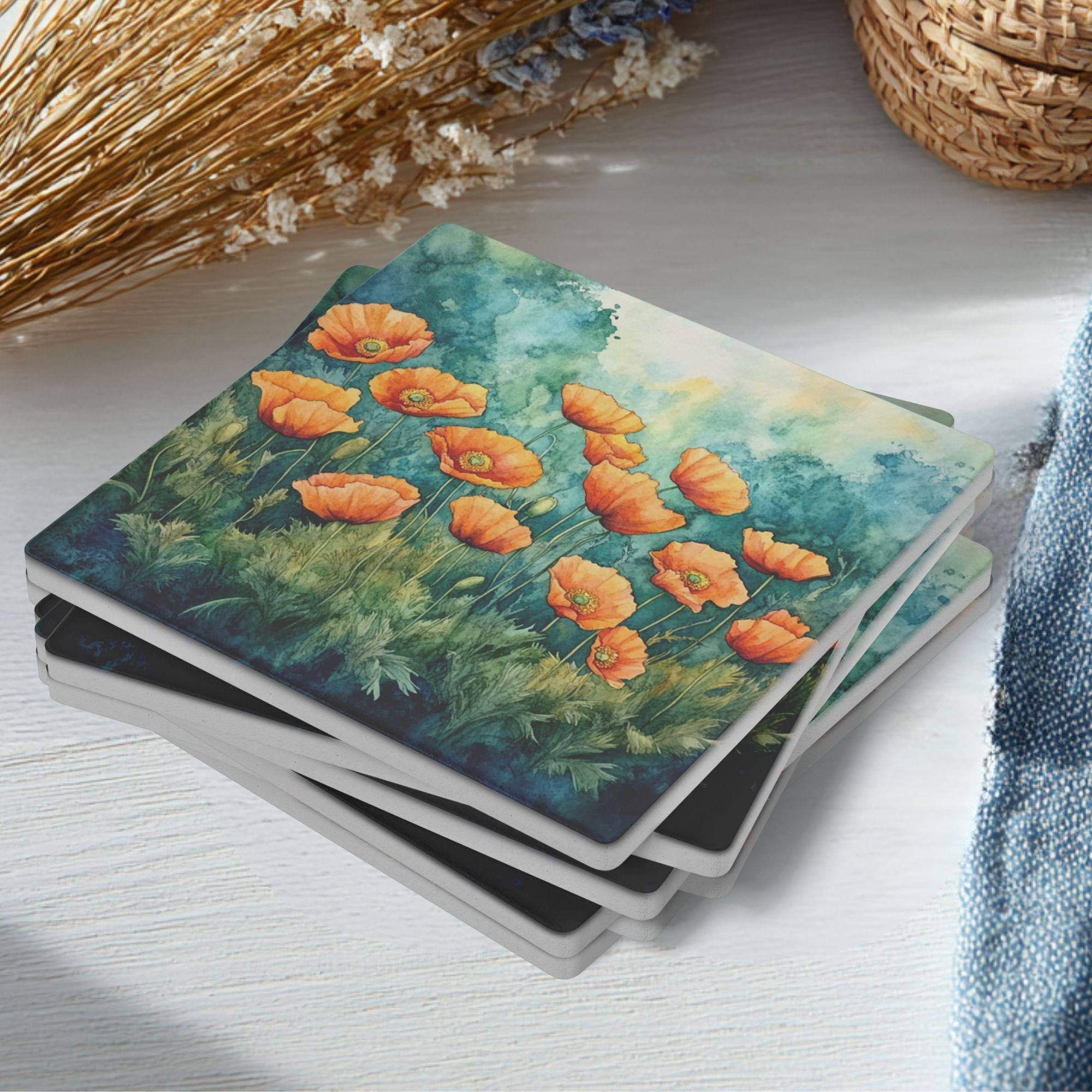 Poppy Botanical Coaster Set of 4, Teal Floral Table Decor, Cottage Garden Drink Coasters, Nature Inspired Home Accent