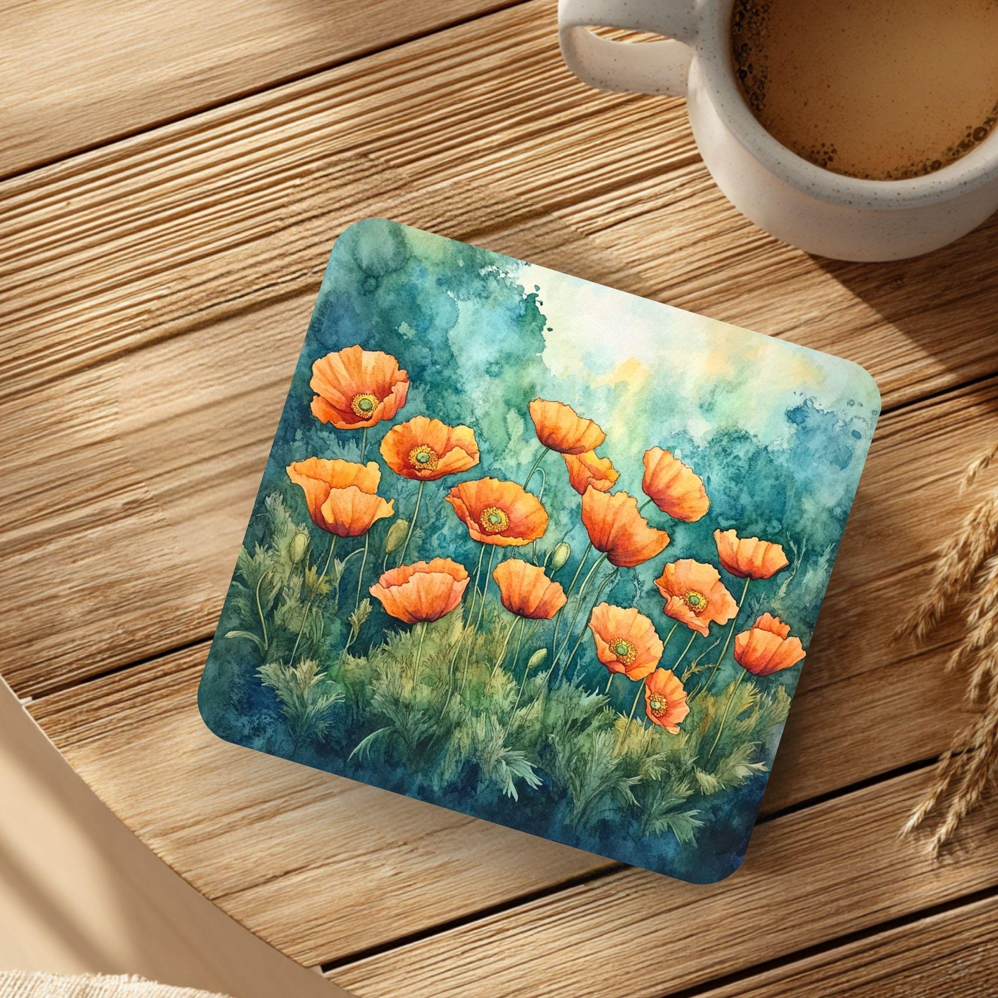 Poppy Botanical Coaster Set of 4, Teal Floral Table Decor, Cottage Garden Drink Coasters, Nature Inspired Home Accent
