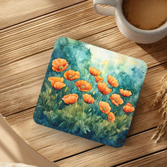 Poppy Botanical Coaster Set of 4, Teal Floral Table Decor, Cottage Garden Drink Coasters, Nature Inspired Home Accent