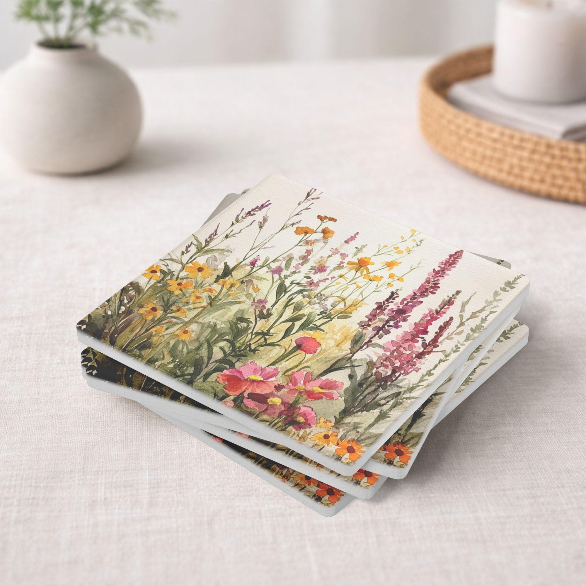 Wildflower Meadow Set of 4, Floral Coaster Table Decor, Soft Botanical Drink Coasters, Cottage Home Style