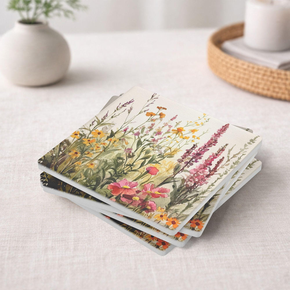 Wildflower Meadow Set of 4, Floral Coaster Table Decor, Soft Botanical Drink Coasters, Cottage Home Style