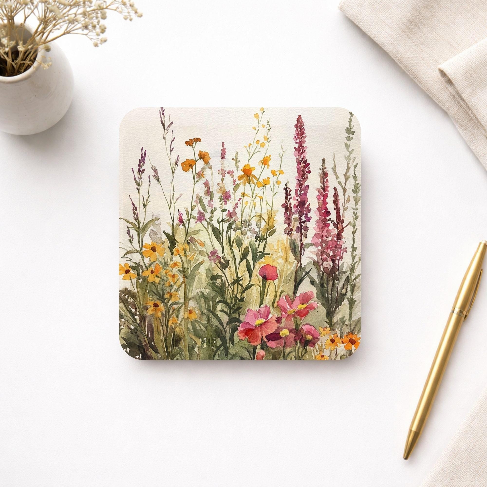 Wildflower Meadow Set of 4, Floral Coaster Table Decor, Soft Botanical Drink Coasters, Cottage Home Style