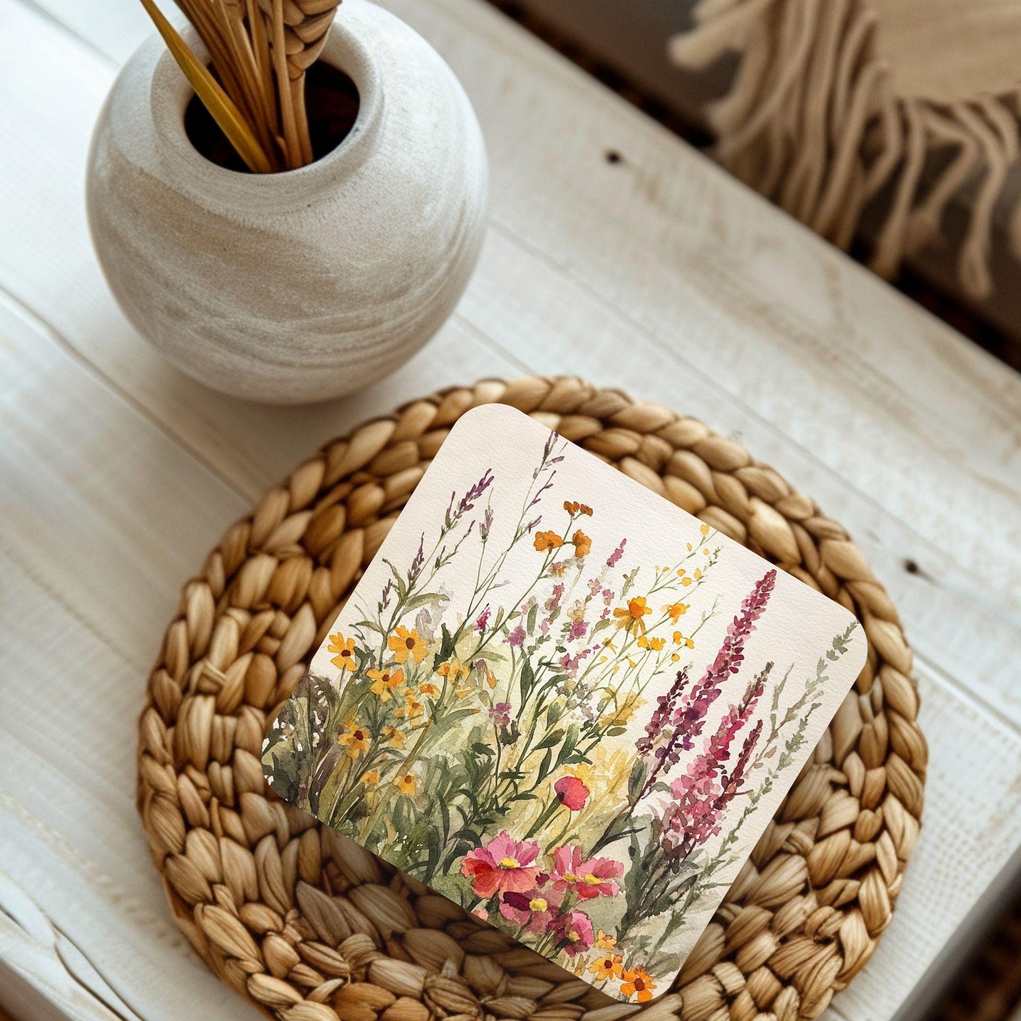 Wildflower Meadow Set of 4, Floral Coaster Table Decor, Soft Botanical Drink Coasters, Cottage Home Style