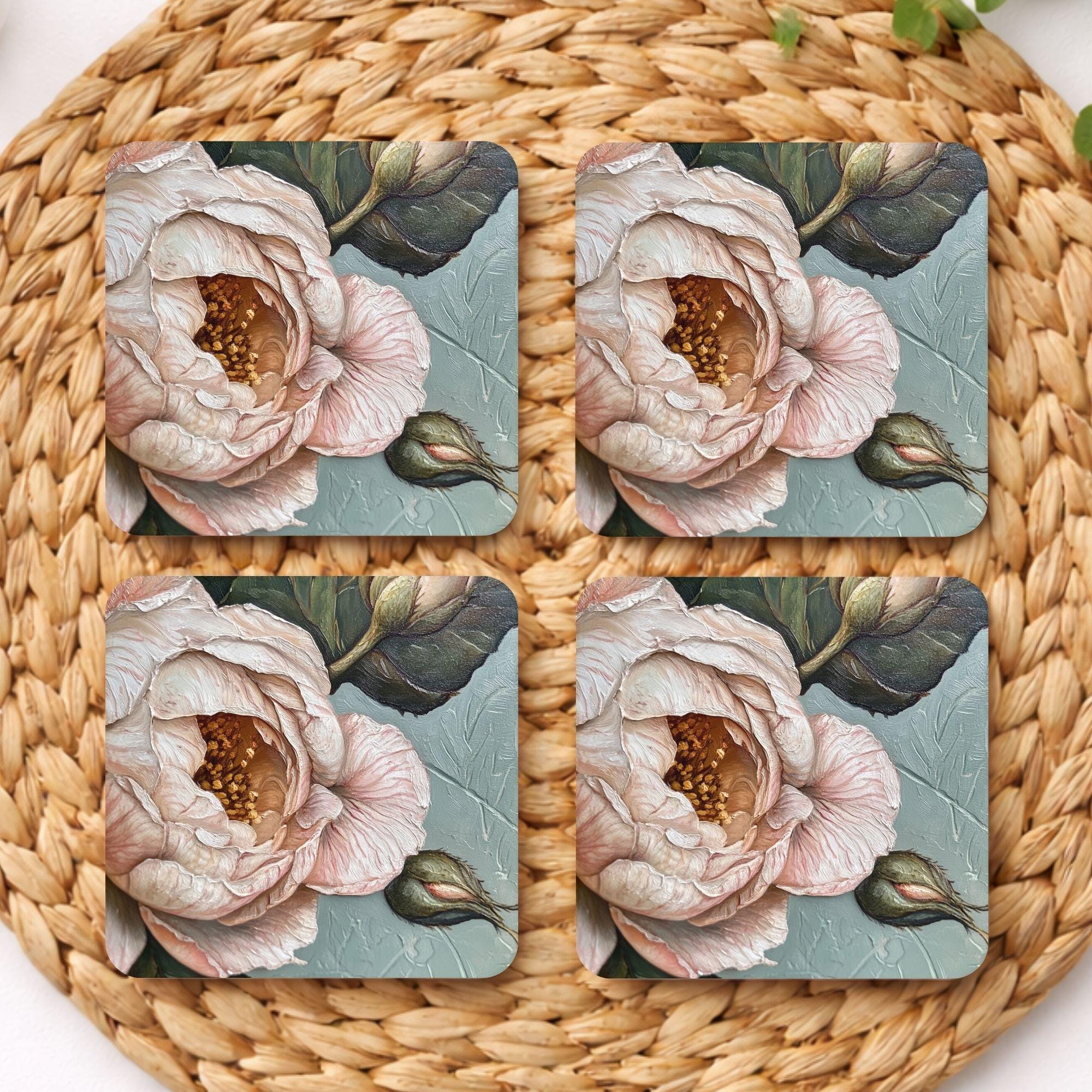 Vintage Rose Coaster Set of 4, Botanical Floral Decor, Soft Neutral Drink Coasters, Elegant Home Accent