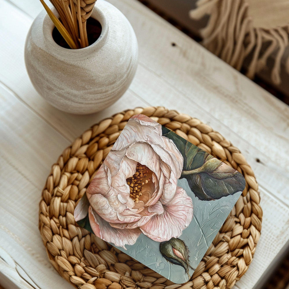 Vintage Rose Coaster Set of 4, Botanical Floral Decor, Soft Neutral Drink Coasters, Elegant Home Accent