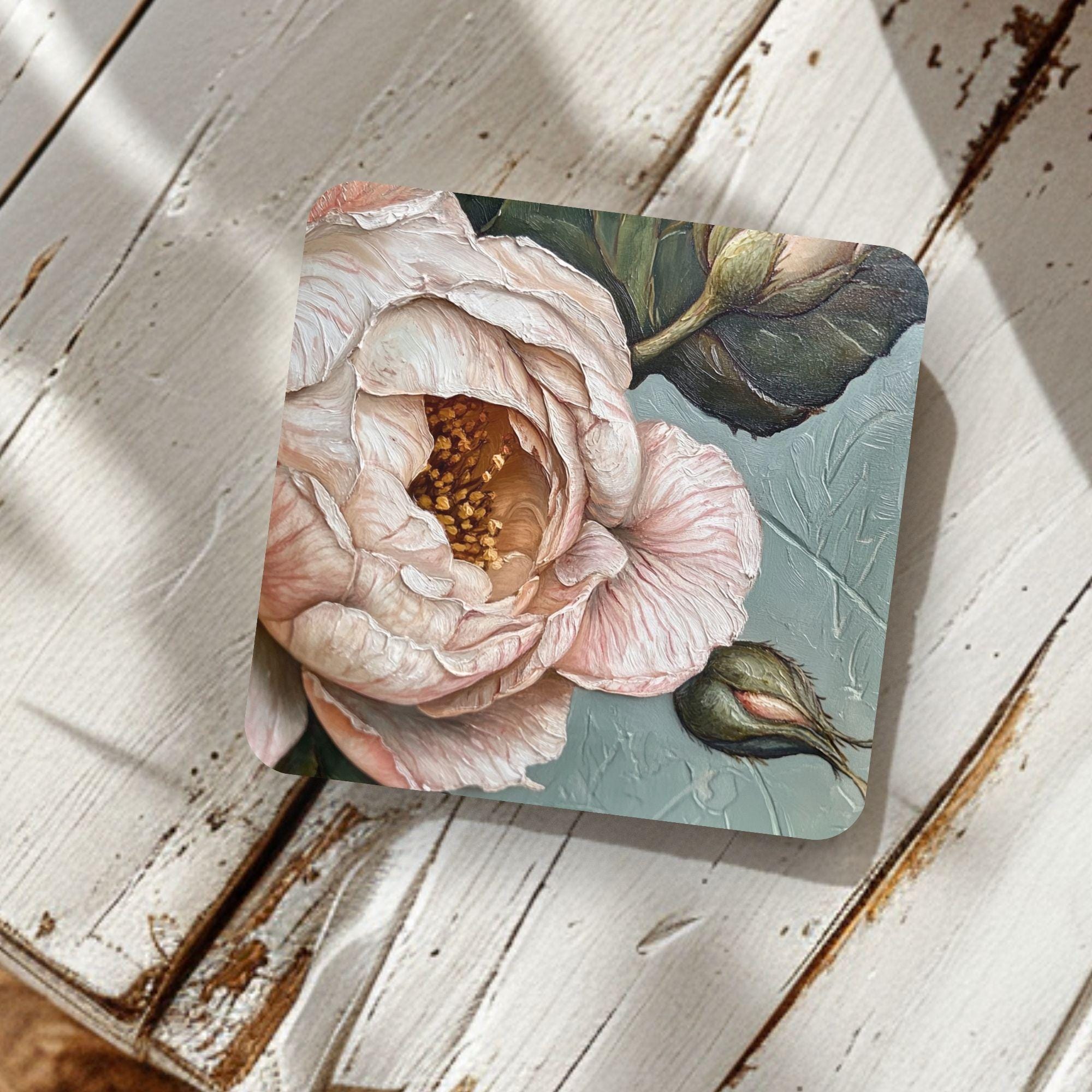 Vintage Rose Coaster Set of 4, Botanical Floral Decor, Soft Neutral Drink Coasters, Elegant Home Accent