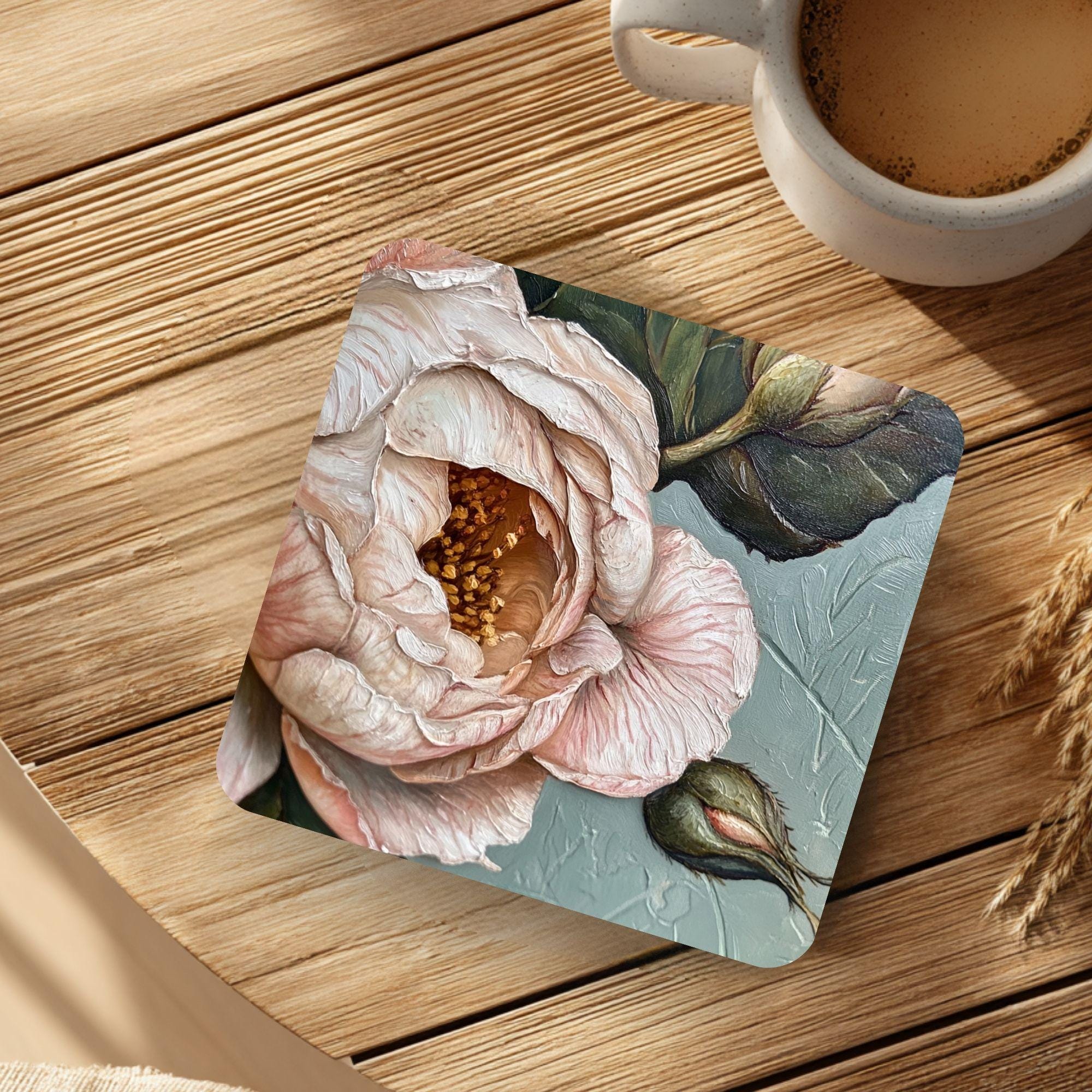 Vintage Rose Coaster Set of 4, Botanical Floral Decor, Soft Neutral Drink Coasters, Elegant Home Accent