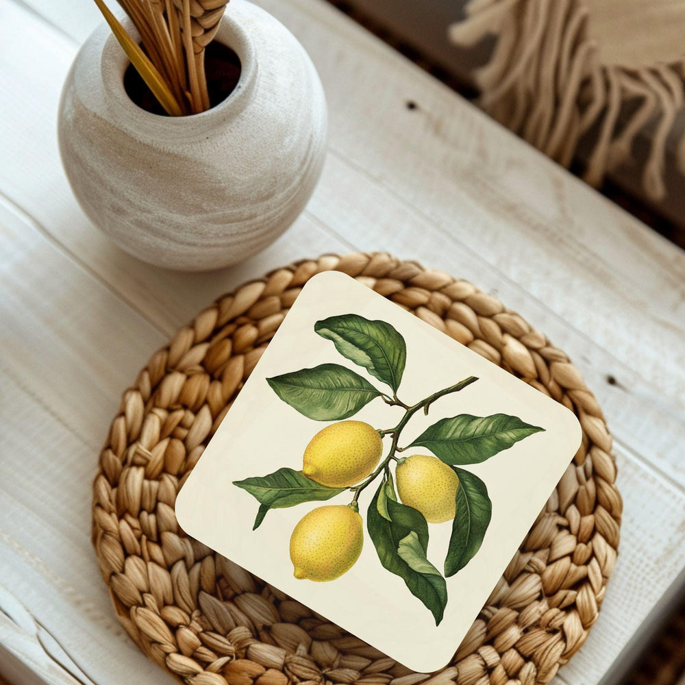 Lemon Branch Coaster Set of 4, Classic Botanical Kitchen Decor, Vintage Citrus Drink Coasters, Fresh Table Style