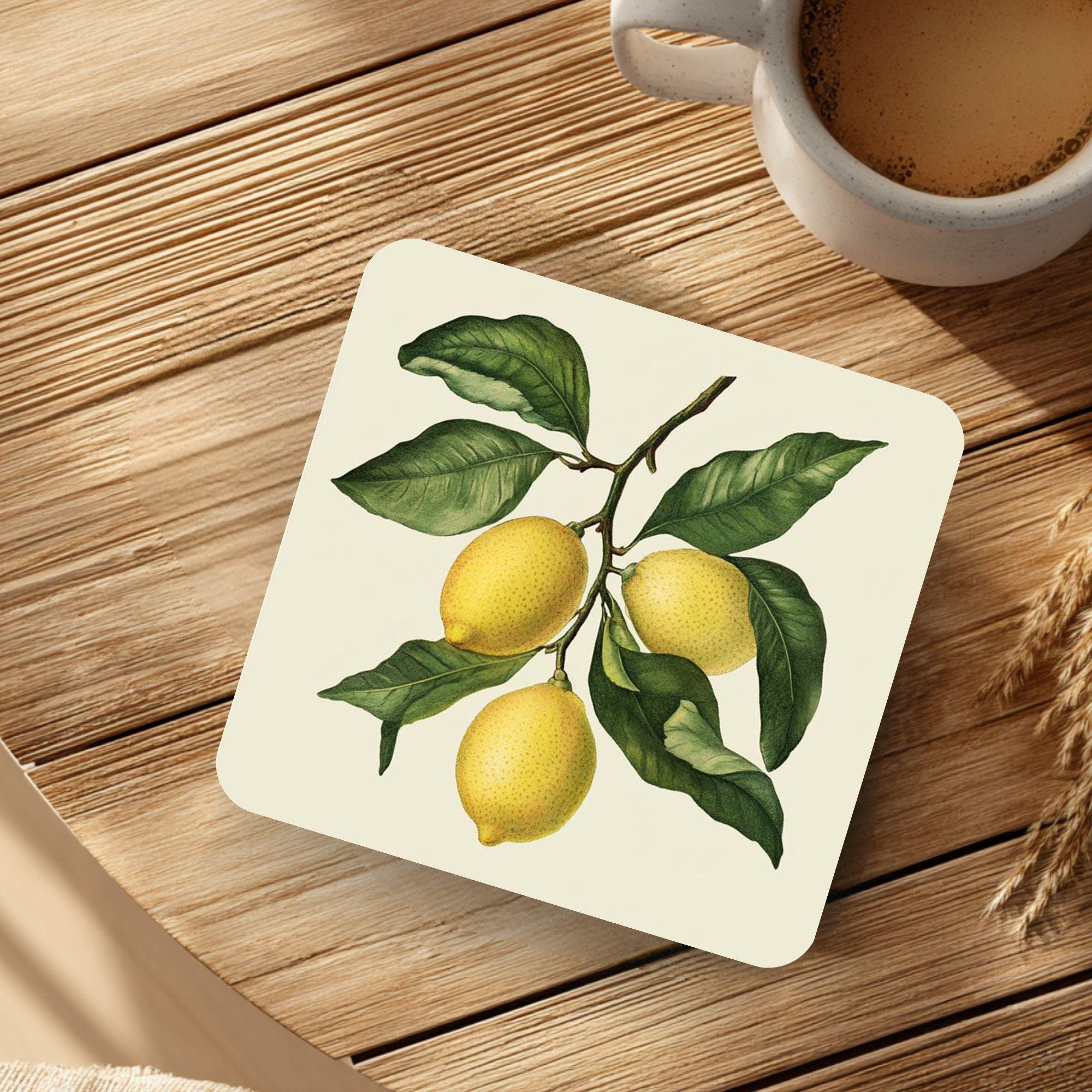 Lemon Branch Coaster Set of 4, Classic Botanical Kitchen Decor, Vintage Citrus Drink Coasters, Fresh Table Style