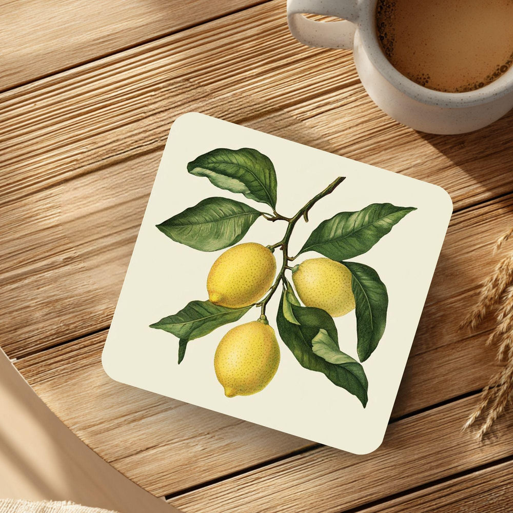 Lemon Branch Coaster Set of 4, Classic Botanical Kitchen Decor, Vintage Citrus Drink Coasters, Fresh Table Style