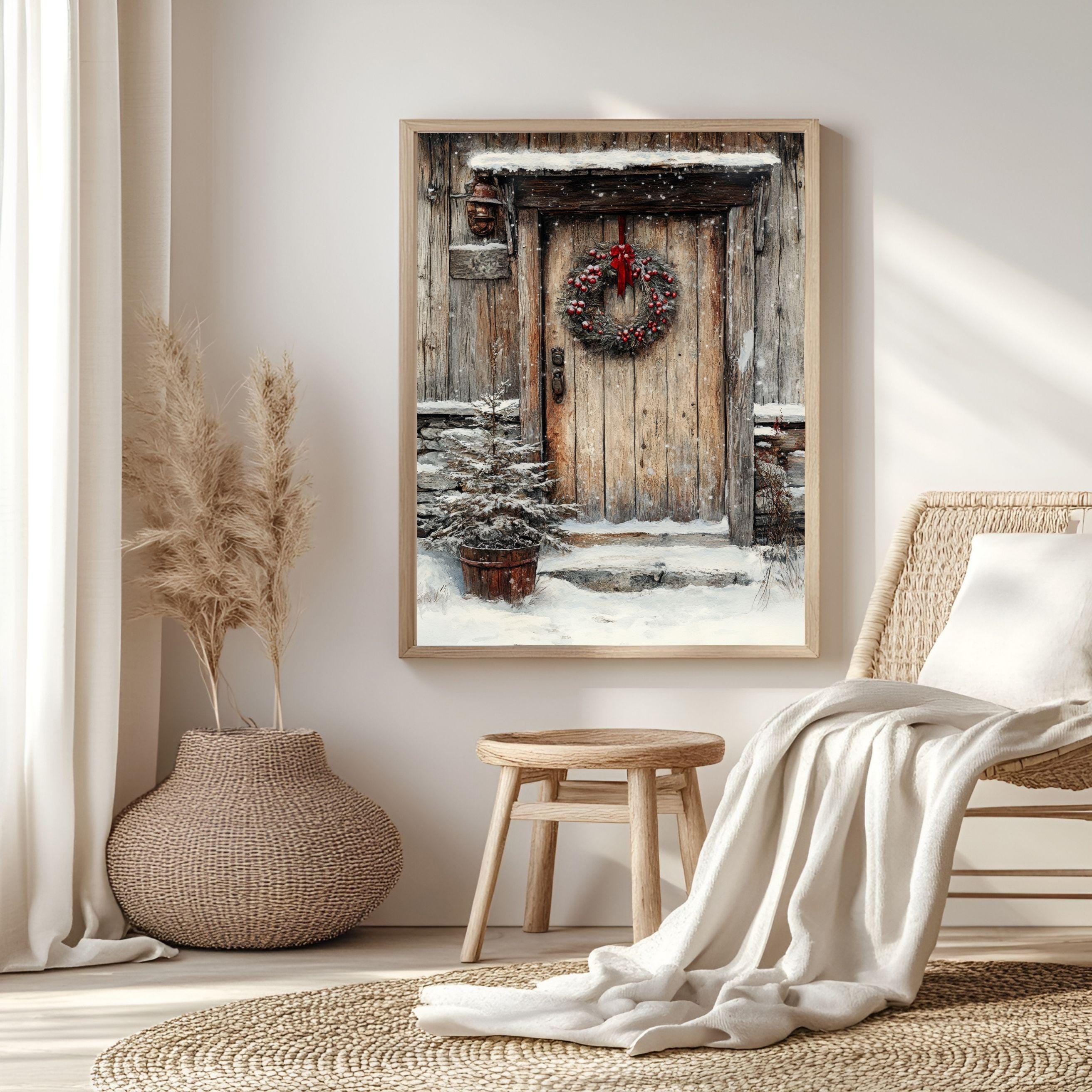 Rustic Winter Door Framed Canvas Art, Farmhouse Holiday Wall Art, Cozy Christmas Entryway Decor