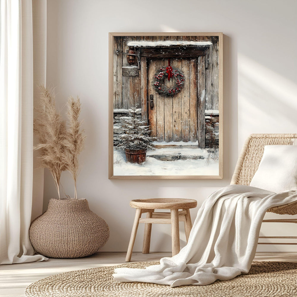 Rustic Winter Door Framed Canvas Art, Farmhouse Holiday Wall Art, Cozy Christmas Entryway Decor