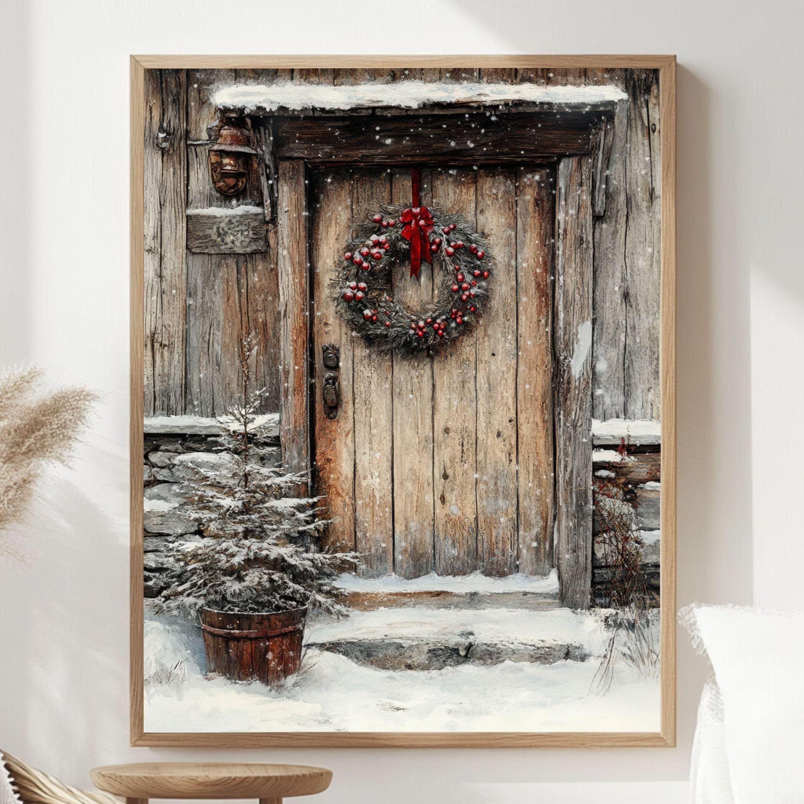 Rustic Winter Door Framed Canvas Art, Farmhouse Holiday Wall Art, Cozy Christmas Entryway Decor