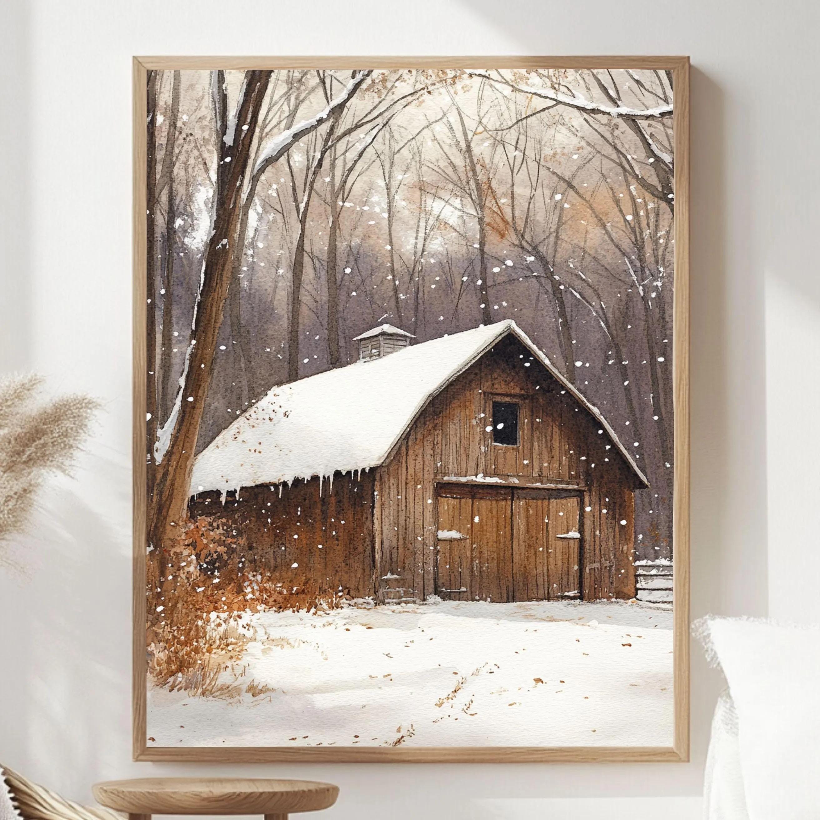 Rustic Winter Barn Wall Art, Snow Covered Wooden Barn Print, Farm Landscape Art, Print Canvas Framed Canvas Decor