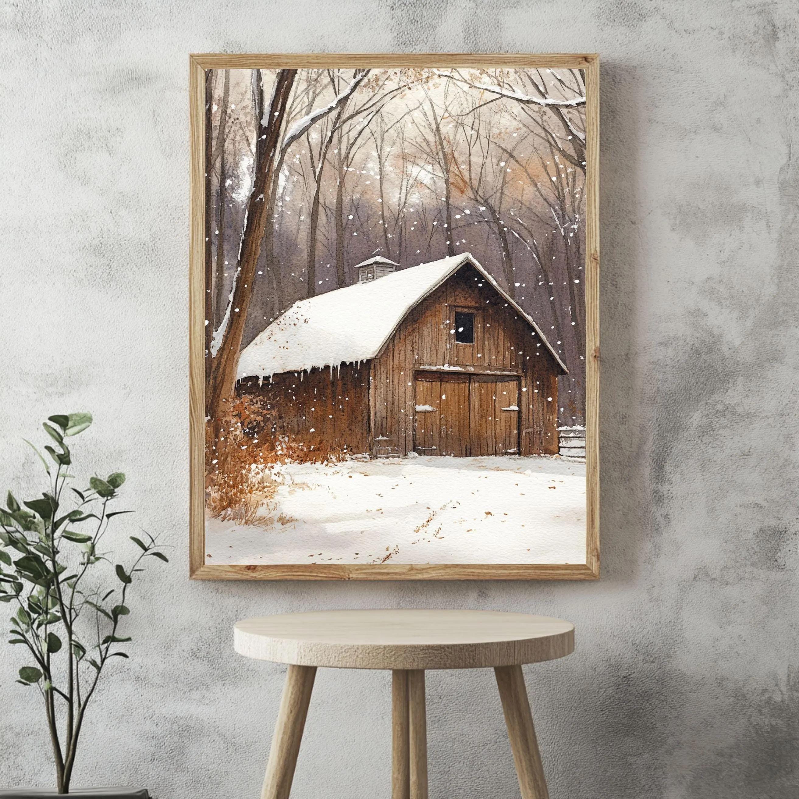 Rustic Winter Barn Wall Art, Snow Covered Wooden Barn Print, Farm Landscape Art, Print Canvas Framed Canvas Decor