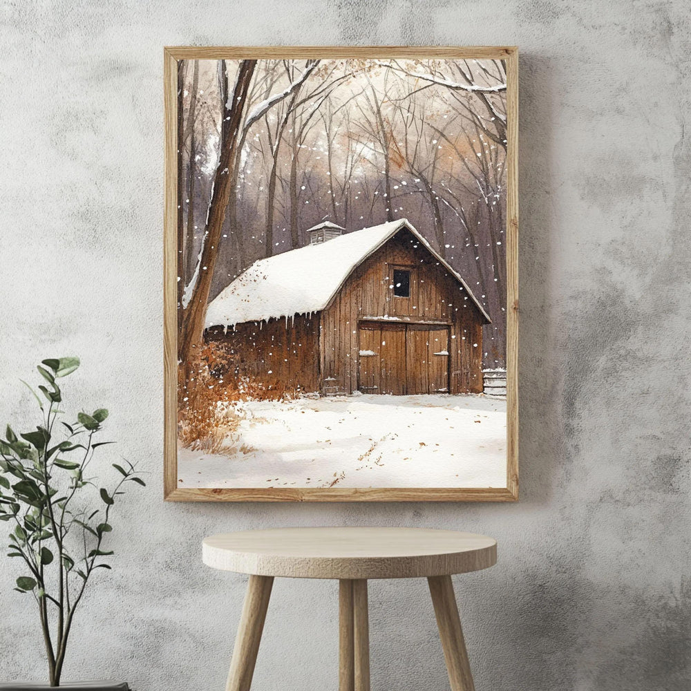 Rustic Winter Barn Wall Art, Snow Covered Wooden Barn Print, Farm Landscape Art, Print Canvas Framed Canvas Decor