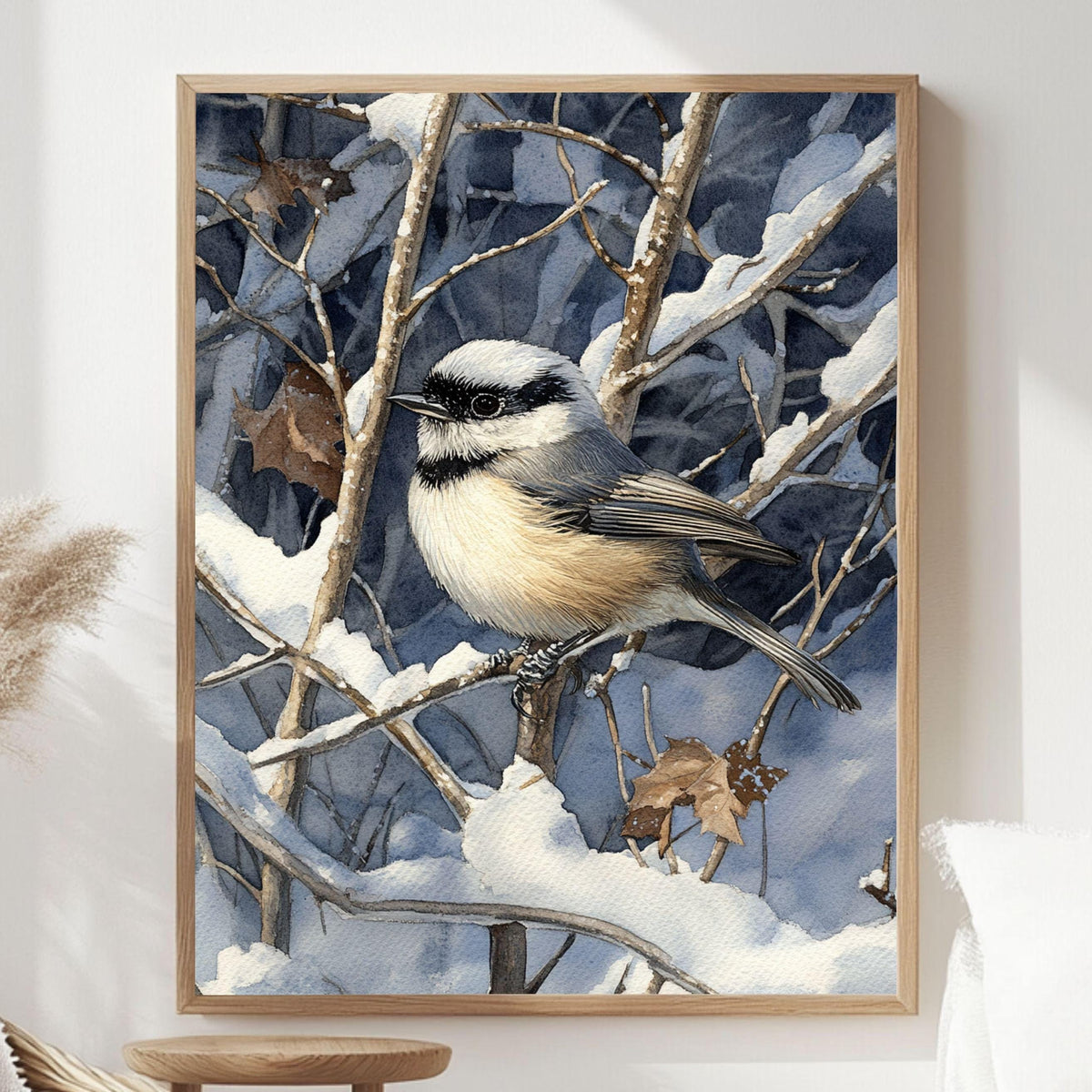 Chickadee Wall Art, Winter Bird Illustration Print, Woodland Nature Art, Print Canvas Framed Canvas Decor