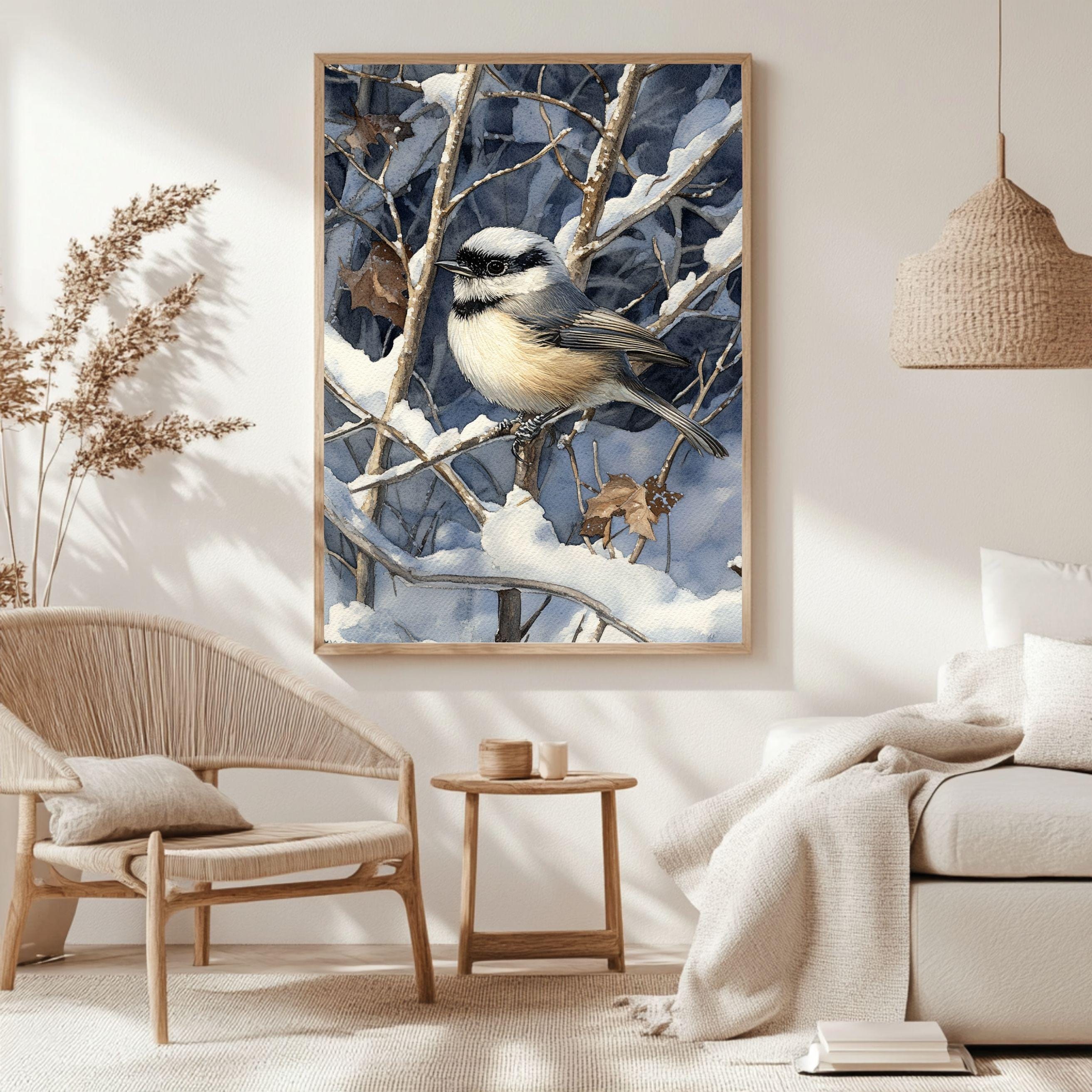 Chickadee Wall Art, Winter Bird Illustration Print, Woodland Nature Art, Print Canvas Framed Canvas Decor