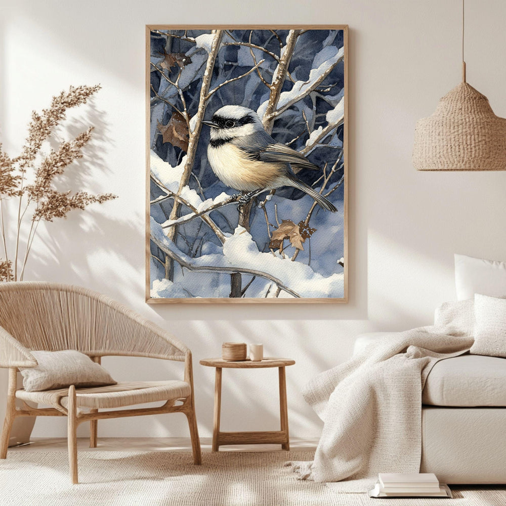 Chickadee Wall Art, Winter Bird Illustration Print, Woodland Nature Art, Print Canvas Framed Canvas Decor