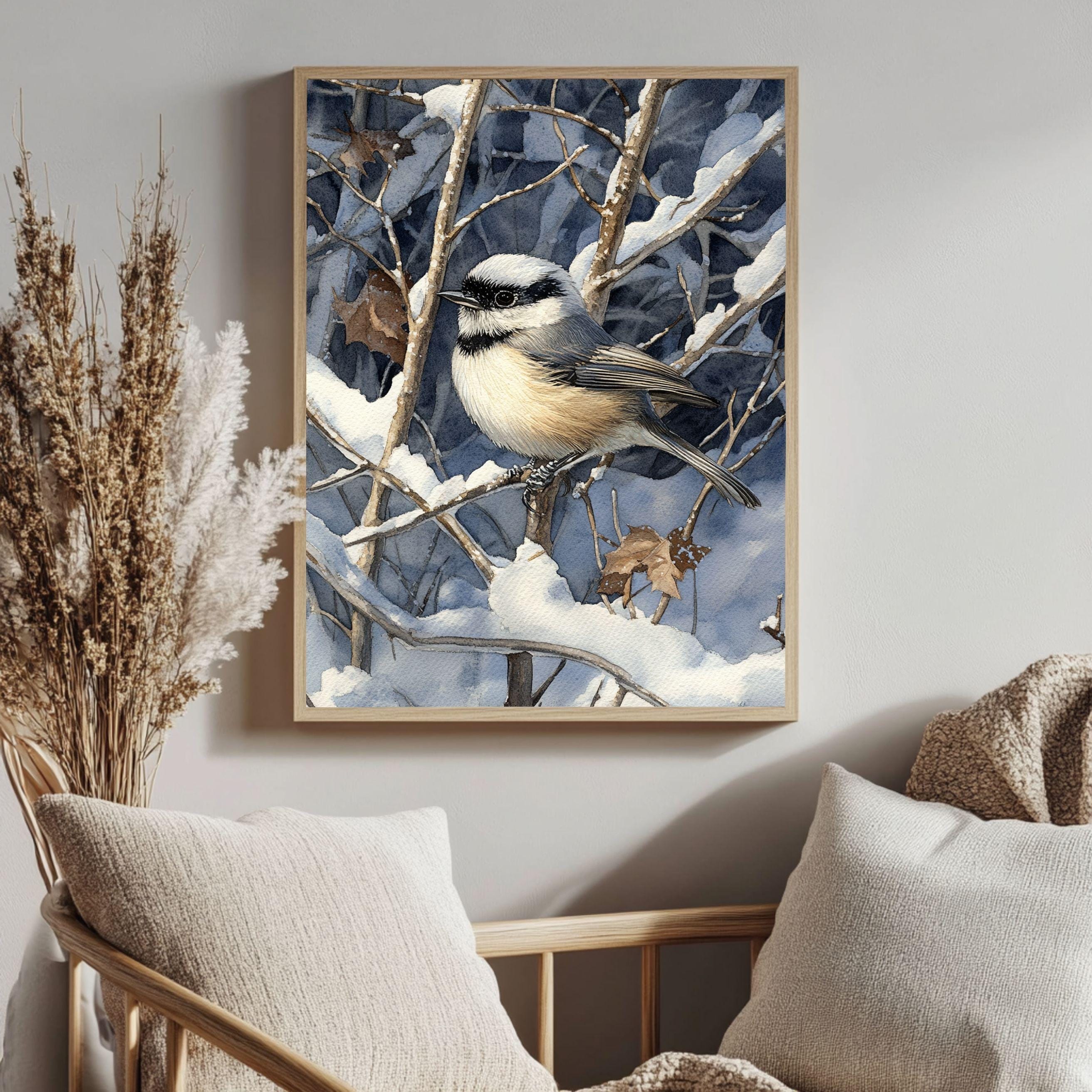 Chickadee Wall Art, Winter Bird Illustration Print, Woodland Nature Art, Print Canvas Framed Canvas Decor