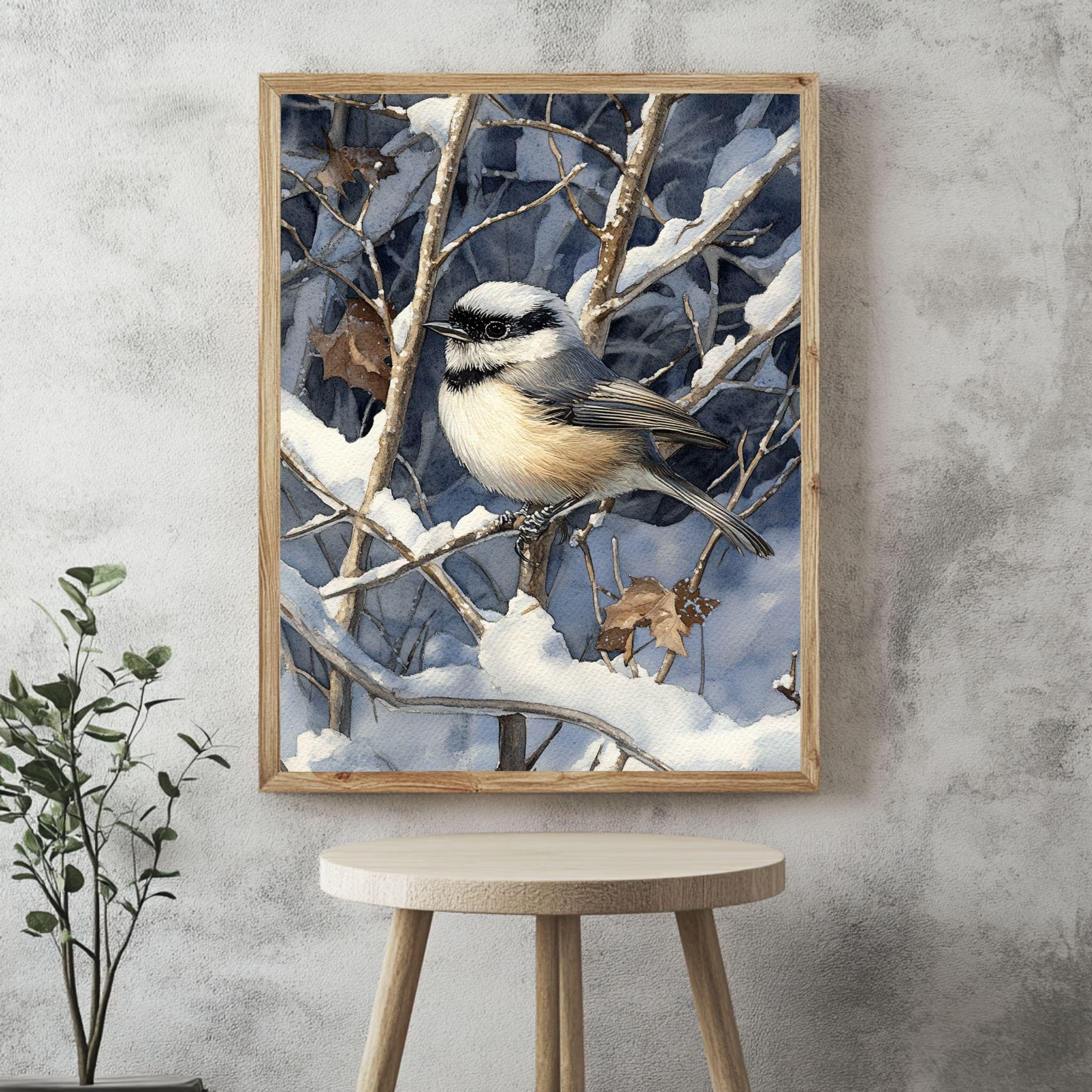 Chickadee Wall Art, Winter Bird Illustration Print, Woodland Nature Art, Print Canvas Framed Canvas Decor