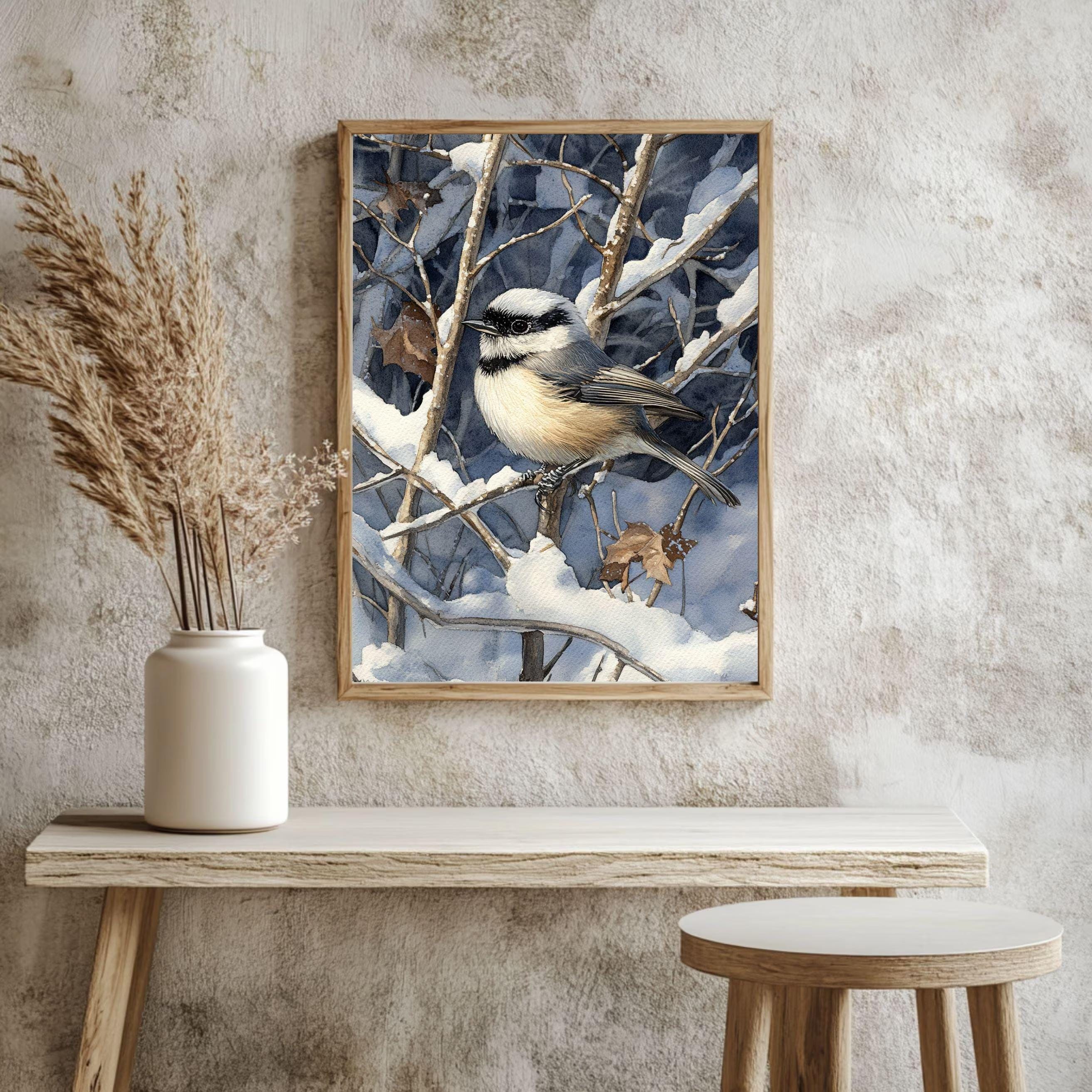 Chickadee Wall Art, Winter Bird Illustration Print, Woodland Nature Art, Print Canvas Framed Canvas Decor