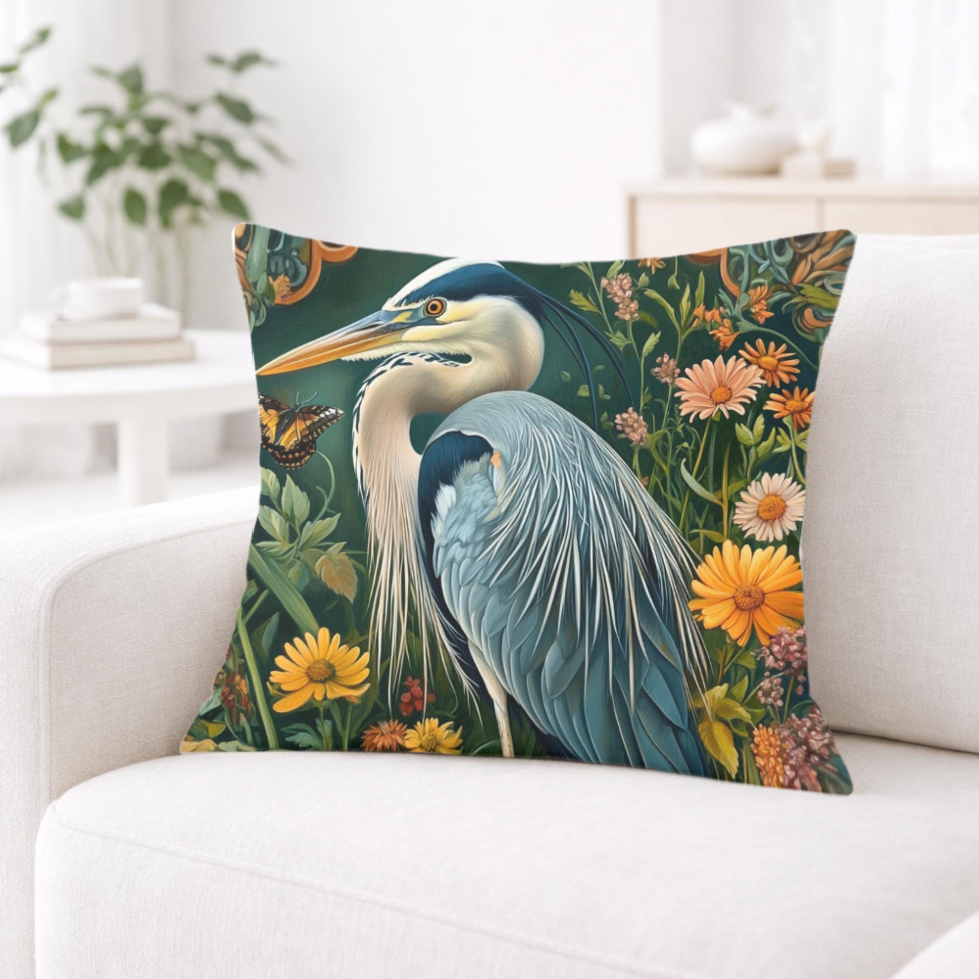 Heron Garden Pillow, Vintage Bird Art Cushion, William Morris Inspired Floral Throw Pillow, Botanical Pillowcase, Cottagecore Decor