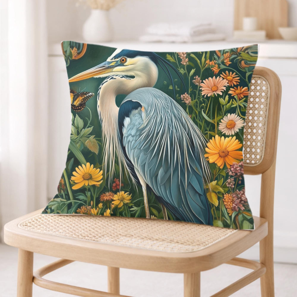 Heron Garden Pillow, Vintage Bird Art Cushion, William Morris Inspired Floral Throw Pillow, Botanical Pillowcase, Cottagecore Decor