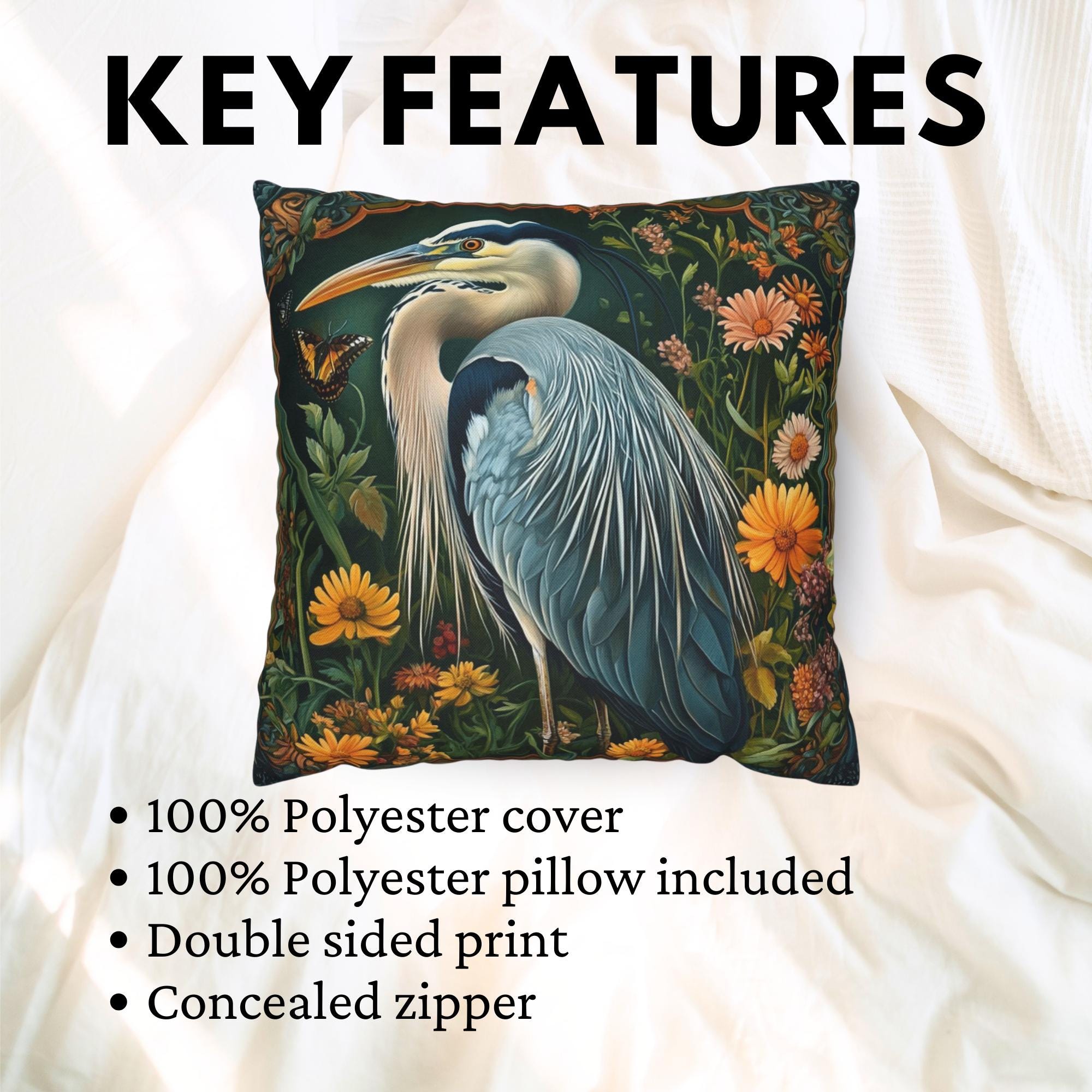 Heron Garden Pillow, Vintage Bird Art Cushion, William Morris Inspired Floral Throw Pillow, Botanical Pillowcase, Cottagecore Decor