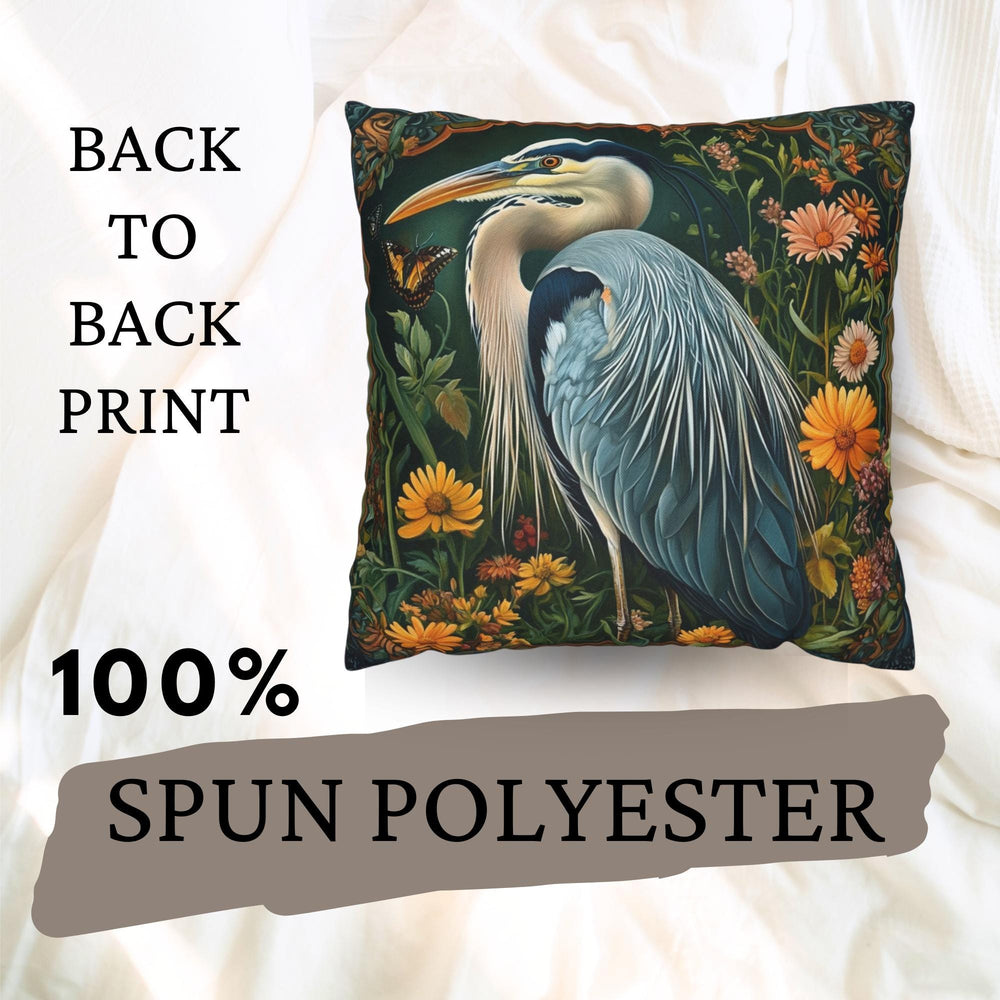 Heron Garden Pillow, Vintage Bird Art Cushion, William Morris Inspired Floral Throw Pillow, Botanical Pillowcase, Cottagecore Decor